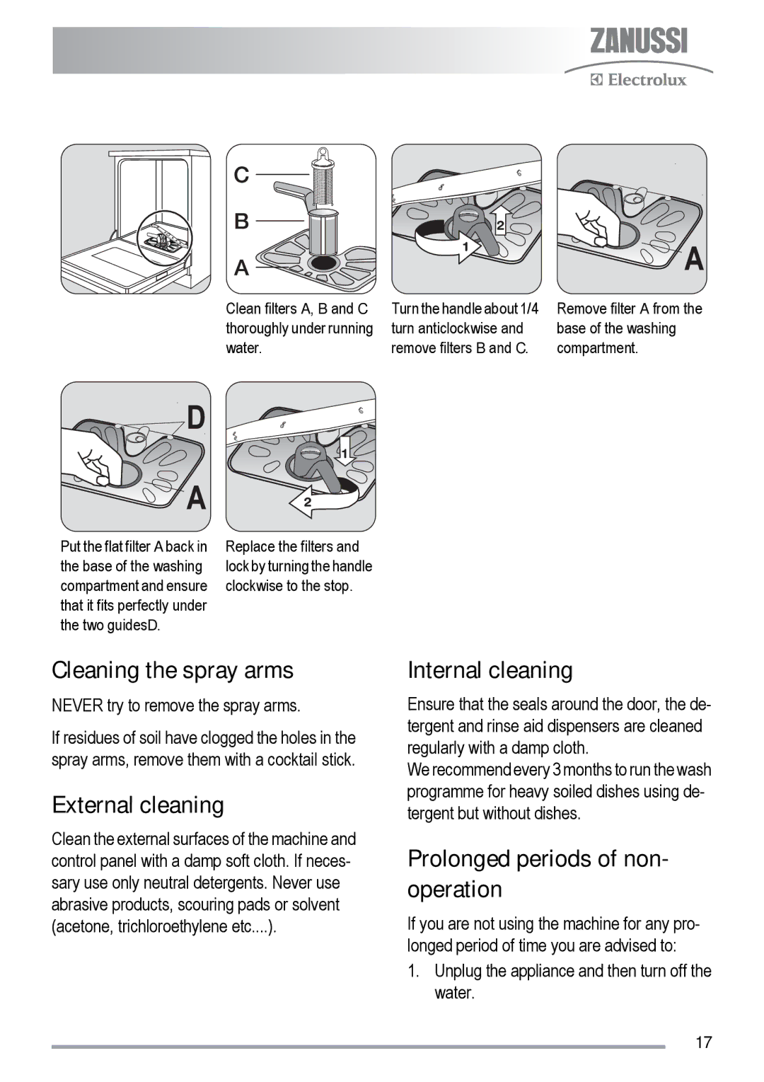 Zanussi zdf231 Cleaning the spray arms, External cleaning, Internal cleaning, Prolonged periods of non- operation 