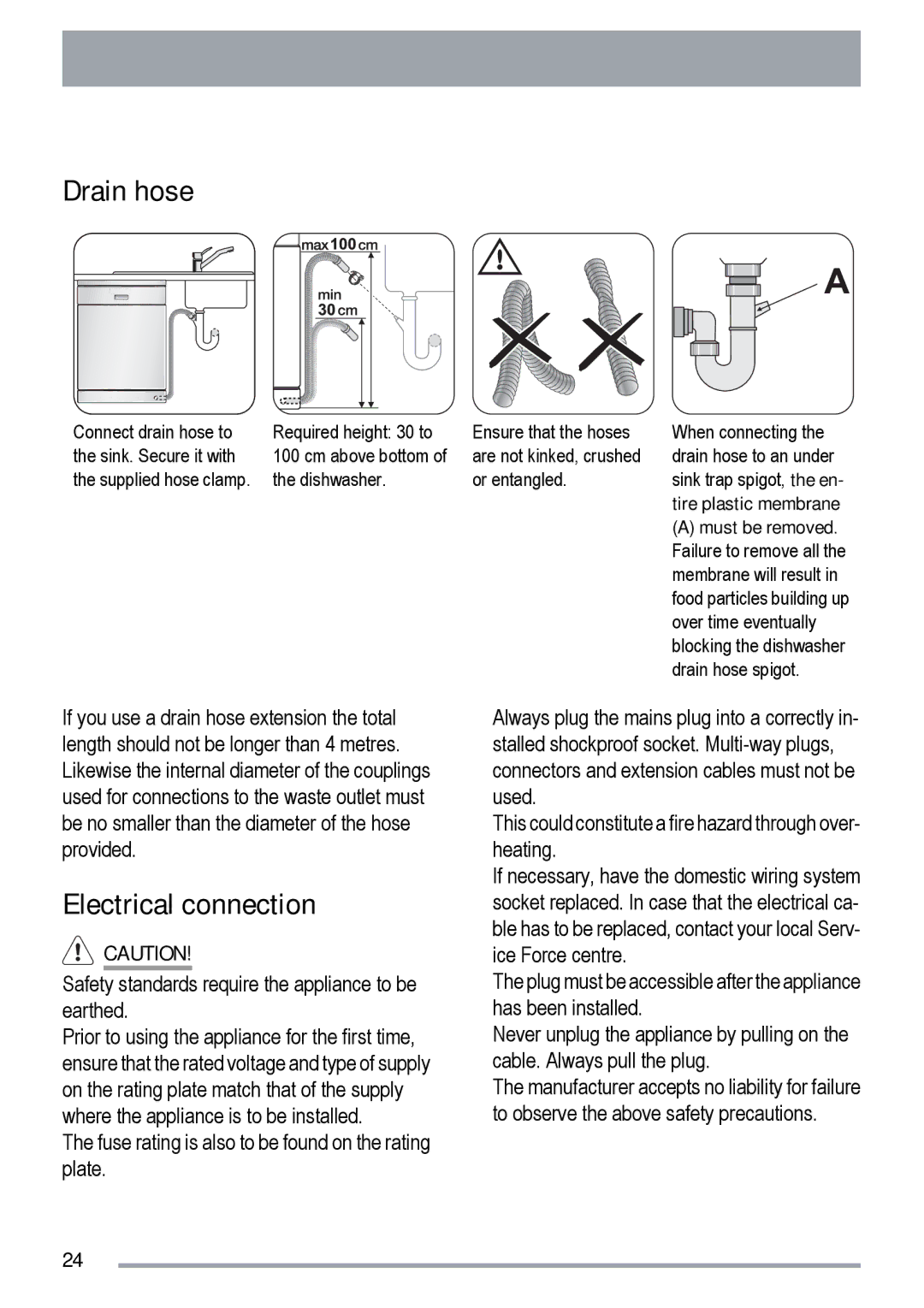 Zanussi zdf231 user manual Drain hose, Electrical connection 