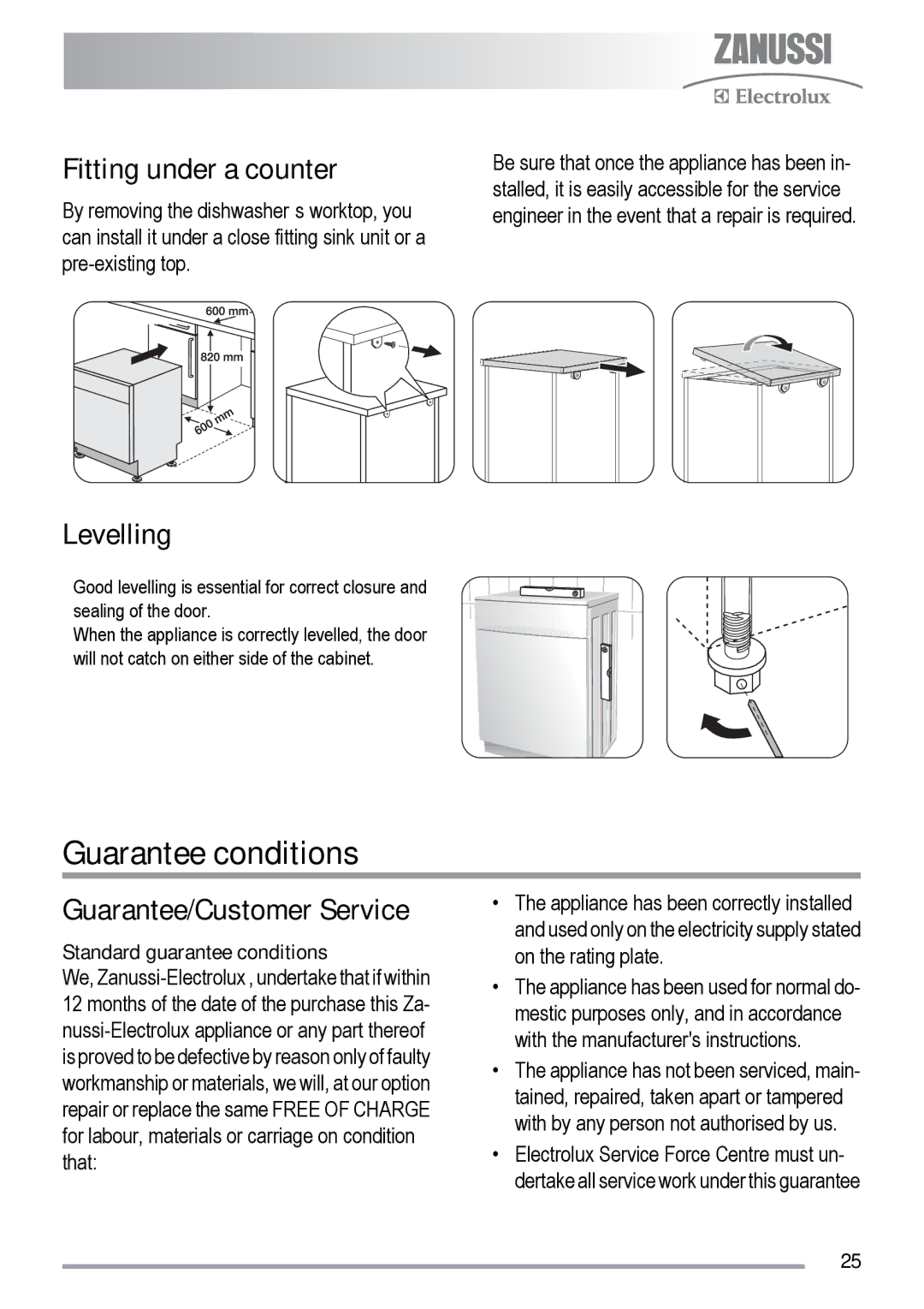 Zanussi zdf231 user manual Guarantee conditions, Fitting under a counter, Levelling, Guarantee/Customer Service 