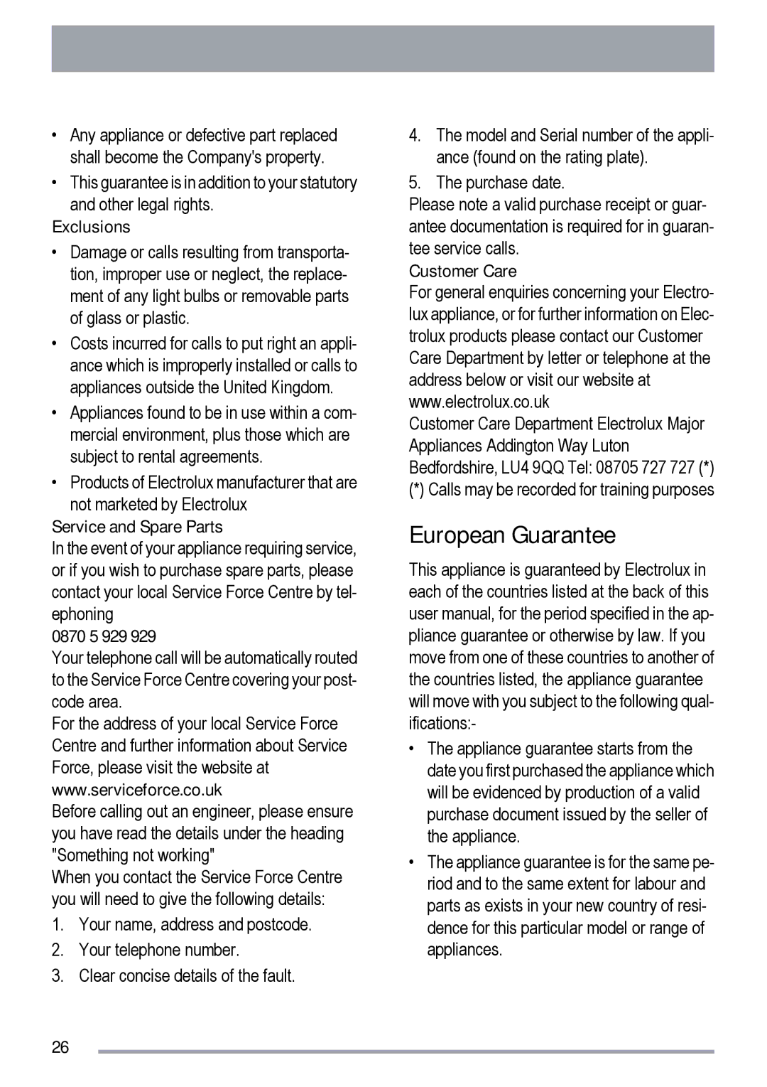 Zanussi zdf231 user manual European Guarantee, Exclusions 