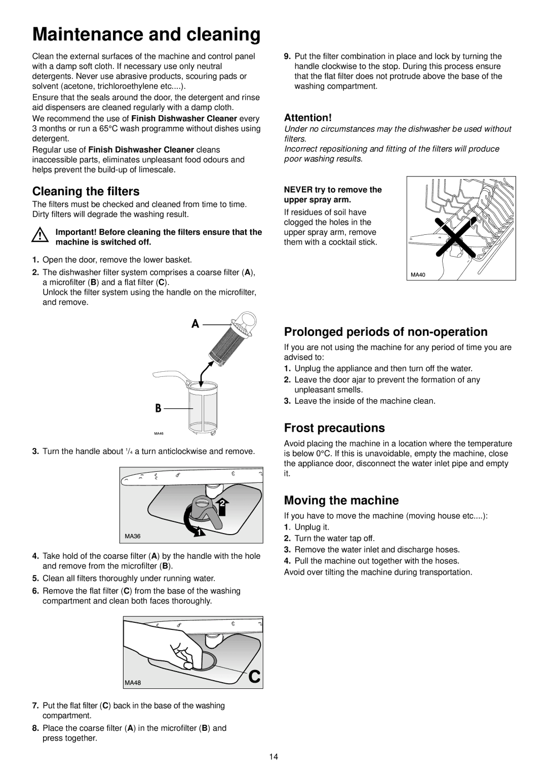 Zanussi ZDF301 manual Maintenance and cleaning, Cleaning the filters, Prolonged periods of non-operation, Frost precautions 