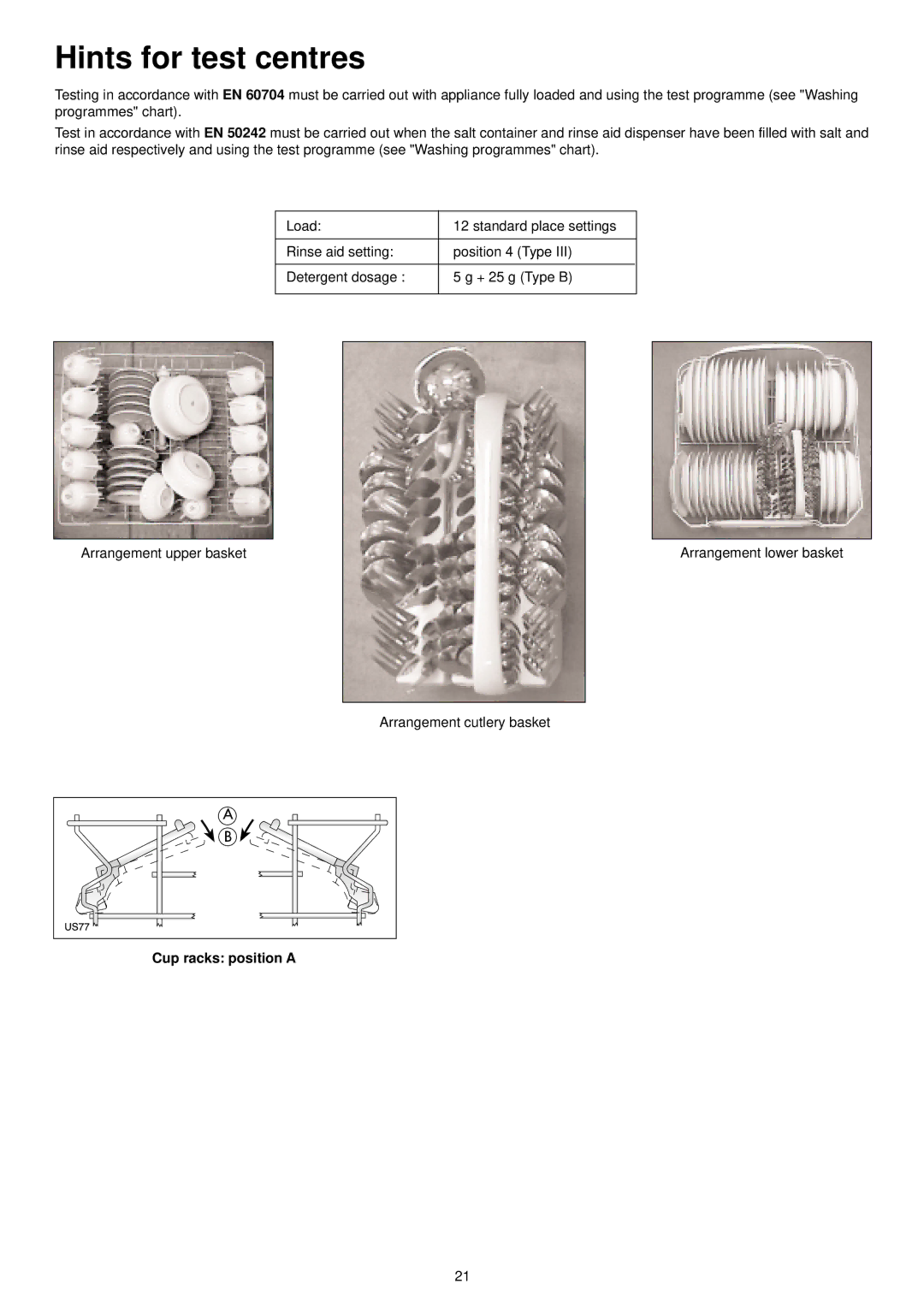 Zanussi ZDF301 manual Hints for test centres, Programmes chart, Cup racks position a, Test in accordance with 