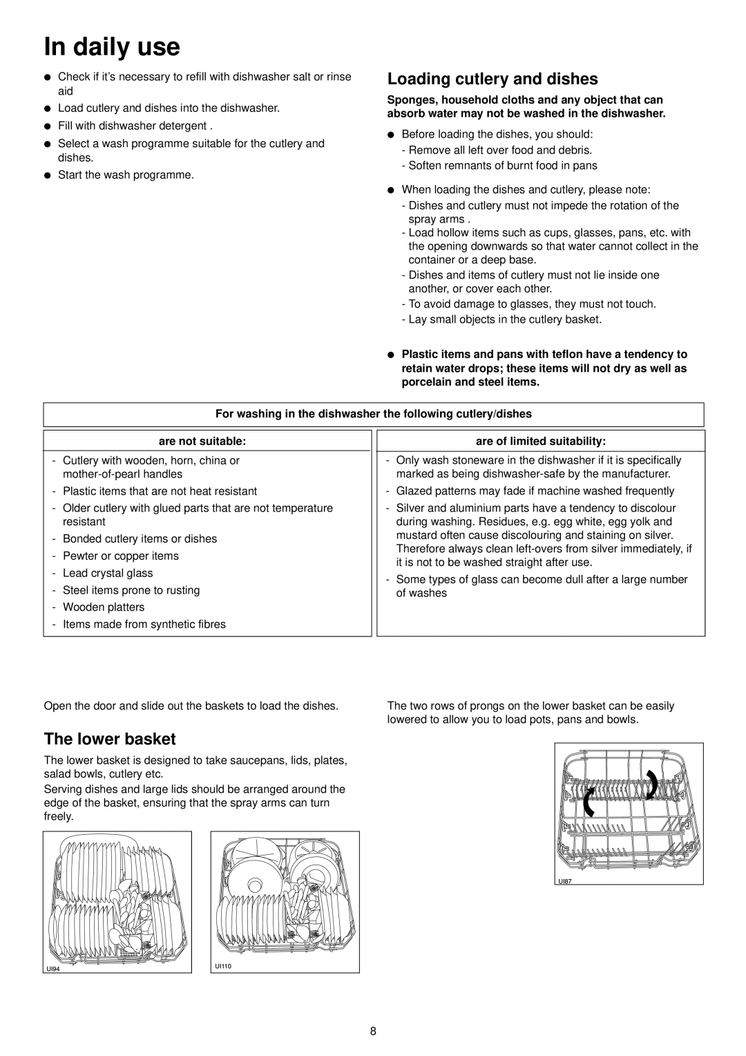 Zanussi ZDF301 manual Daily use, Loading cutlery and dishes, Lower basket, Are of limited suitability 