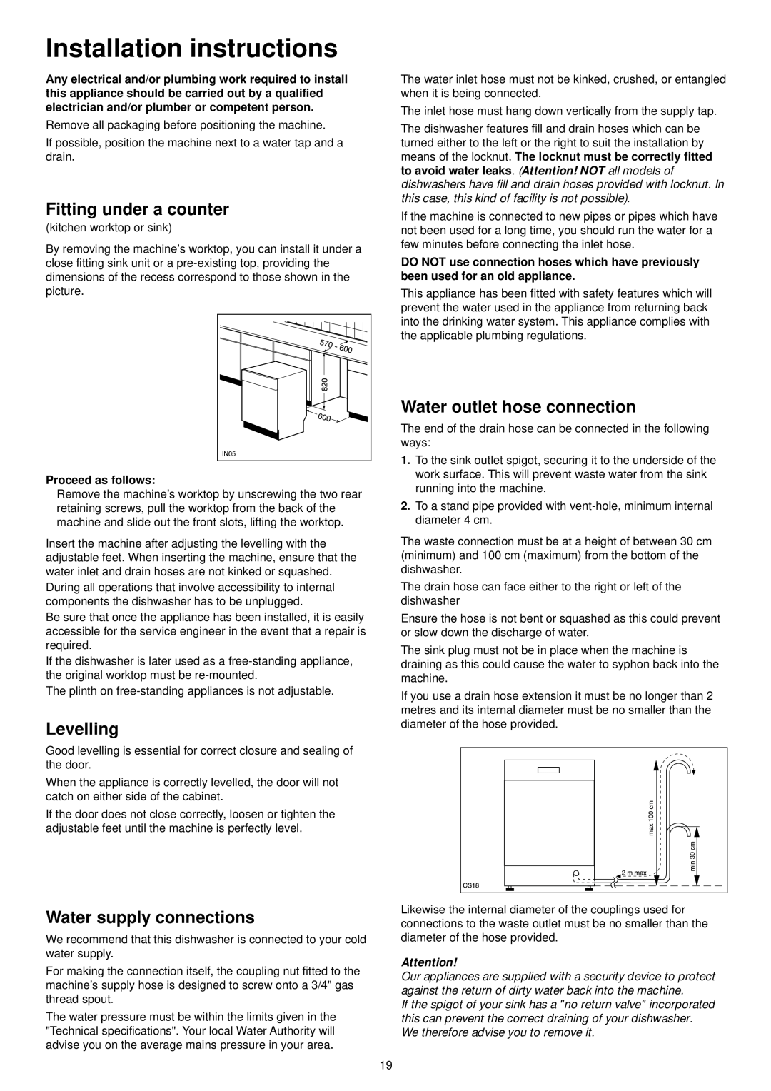 Zanussi ZDF301 manual Installation instructions, Fitting under a counter, Levelling, Water supply connections 