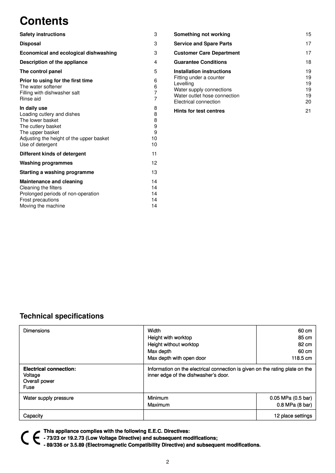 Zanussi ZDF301 manual Contents, Technical specifications 