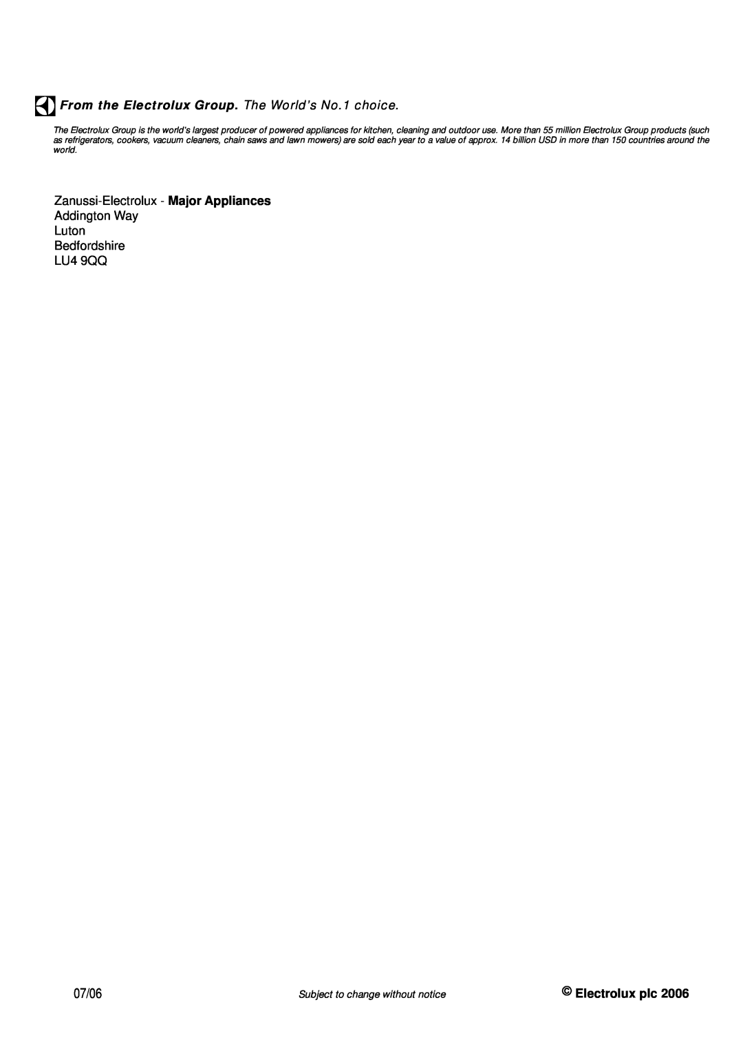Zanussi ZDF301 manual Zanussi-Electrolux, Addington Way, Luton, Bedfordshire, LU4 9QQ, Electrolux plc, 07/06 