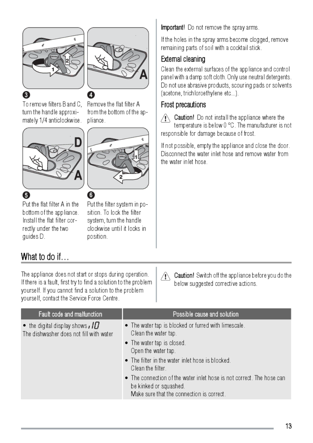 Zanussi ZDF3020 manual What to do if…, External cleaning, Frost precautions, Fault code and malfunction 