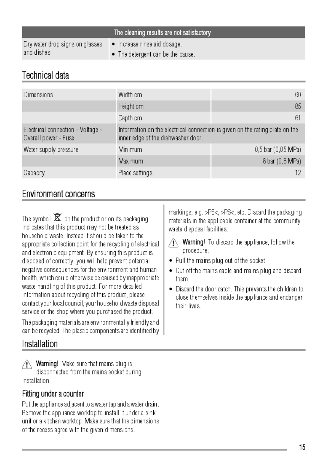 Zanussi ZDF3020 manual Technical data, Environment concerns, Installation, Fitting under a counter 