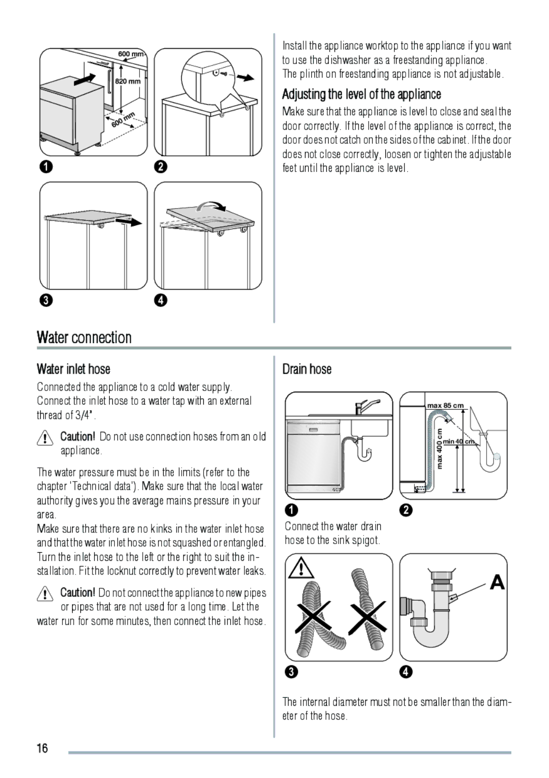 Zanussi ZDF3020 manual Water connection, Adjusting the level of the appliance, Water inlet hose, Drain hose 