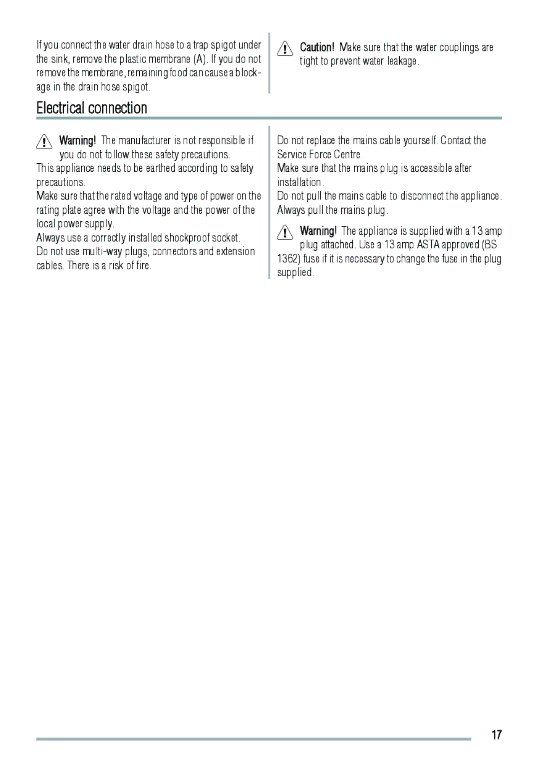 Zanussi ZDF3020 manual Electrical connection 