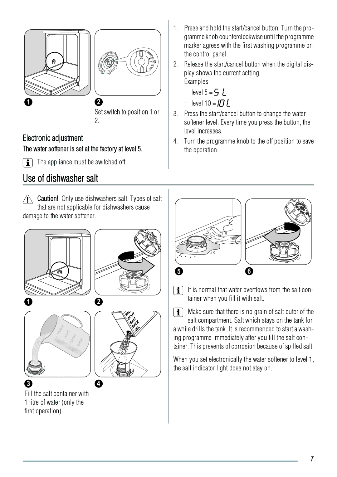 Zanussi ZDF3020 Use of dishwasher salt, Electronic adjustment, Set switch to position 1 or, Appliance must be switched off 