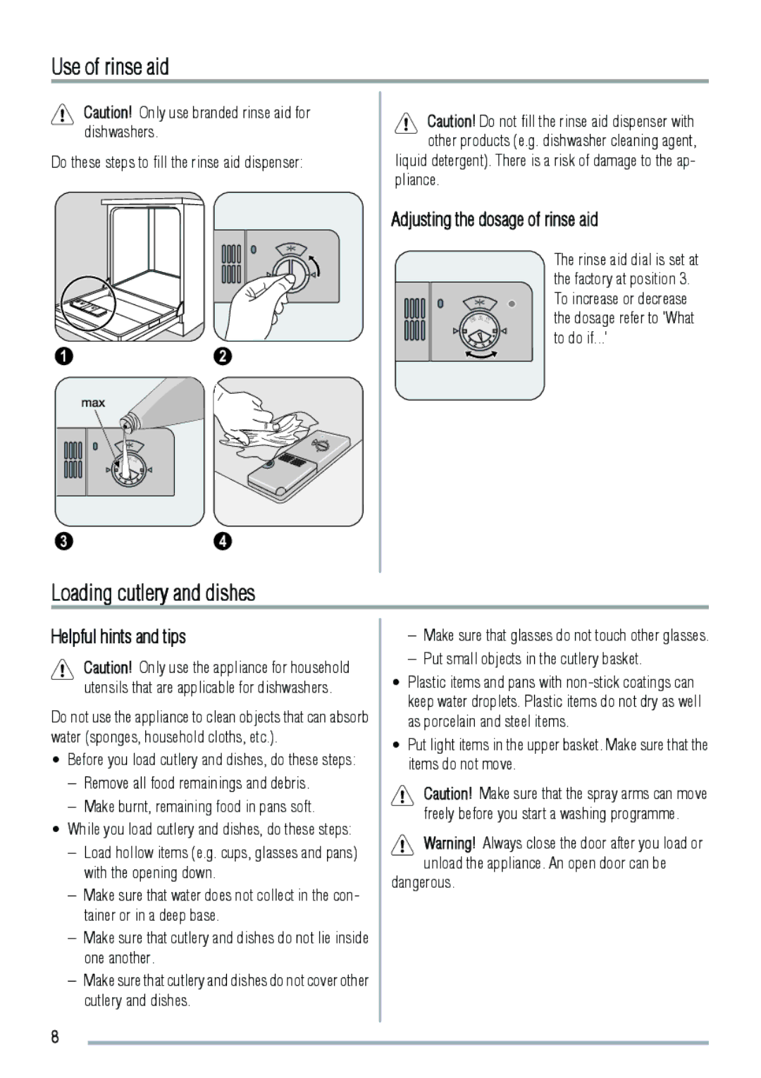 Zanussi ZDF3020 Use of rinse aid, Loading cutlery and dishes, Adjusting the dosage of rinse aid, Helpful hints and tips 