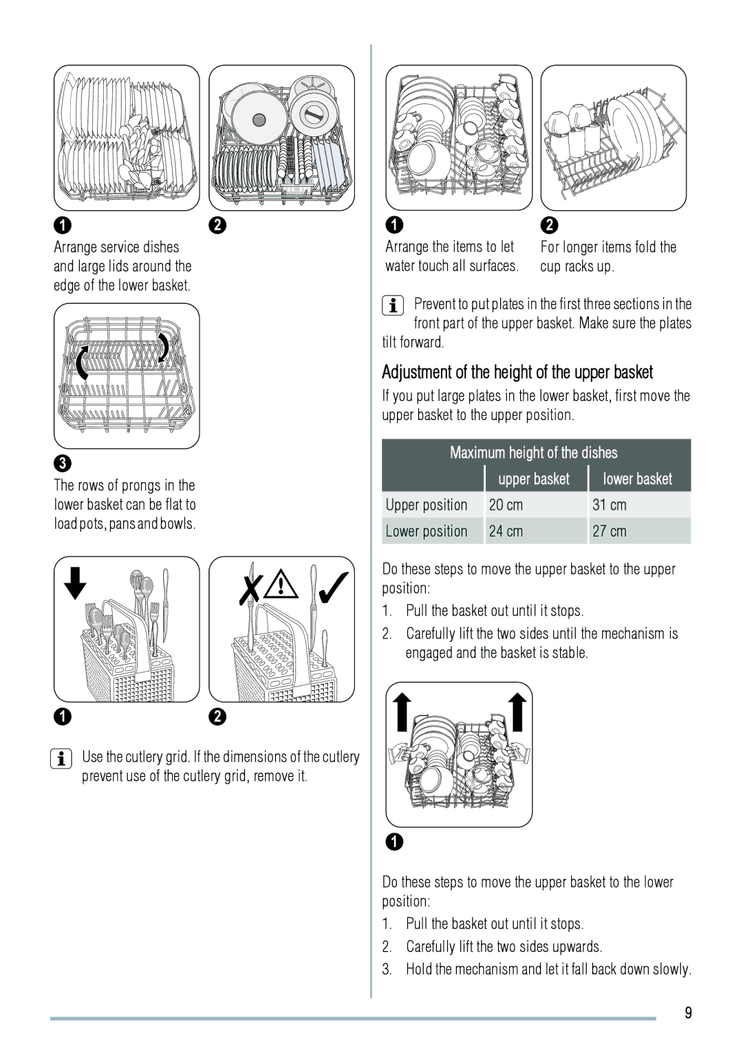 Zanussi ZDF3020 manual Cup racks up, Tilt forward, Maximum height of the dishes, 20 cm 31 cm 