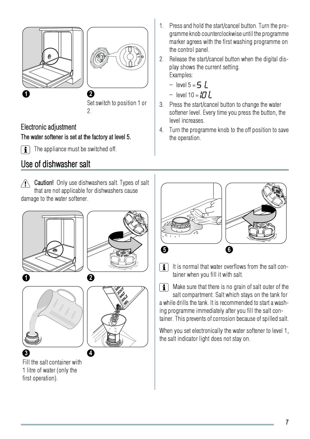 Zanussi ZDF3020 manual Use of dishwasher salt, Electronic adjustment 