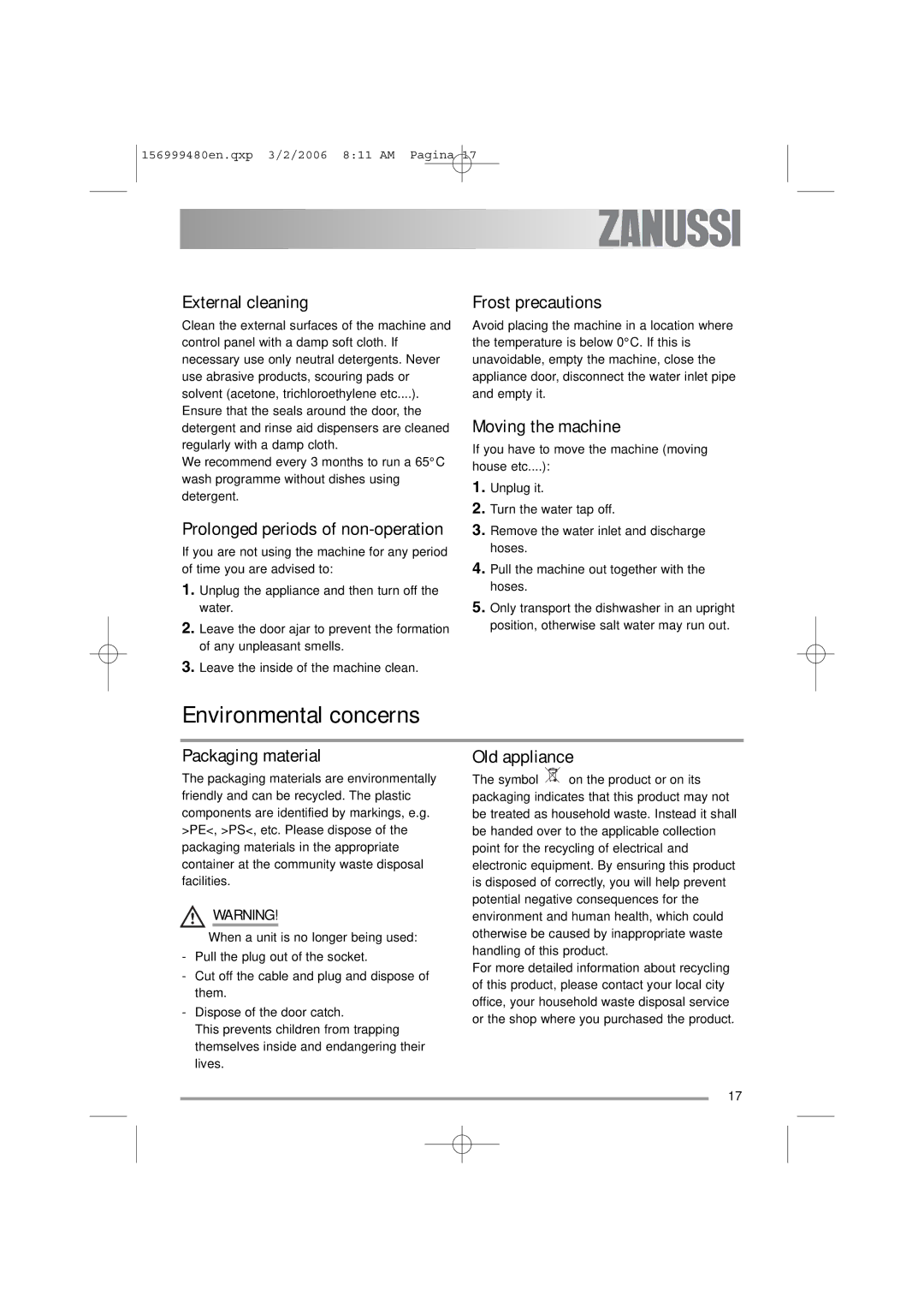 Zanussi ZDF311 user manual Environmental concerns 