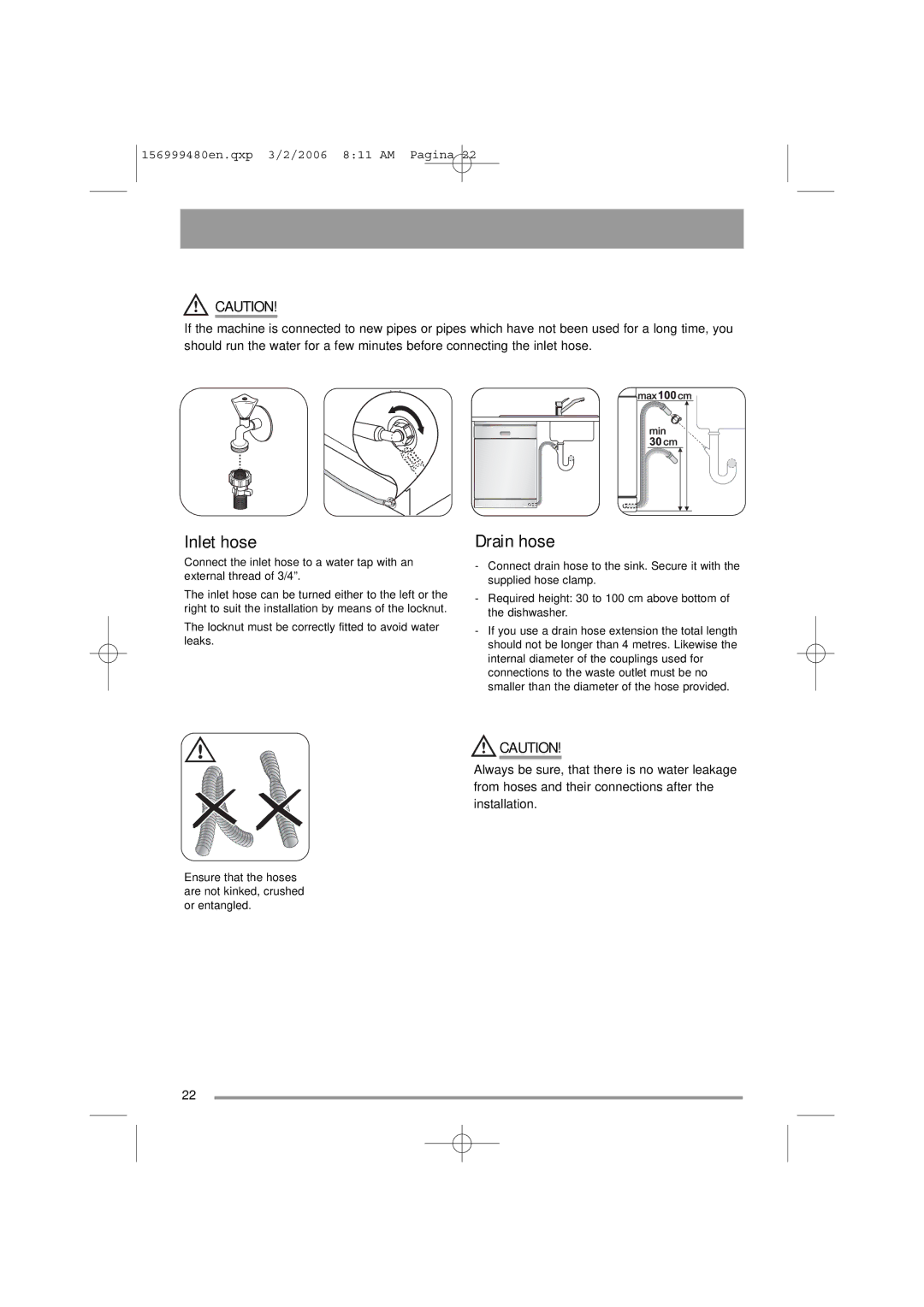 Zanussi ZDF311 user manual Inlet hose, Drain hose 