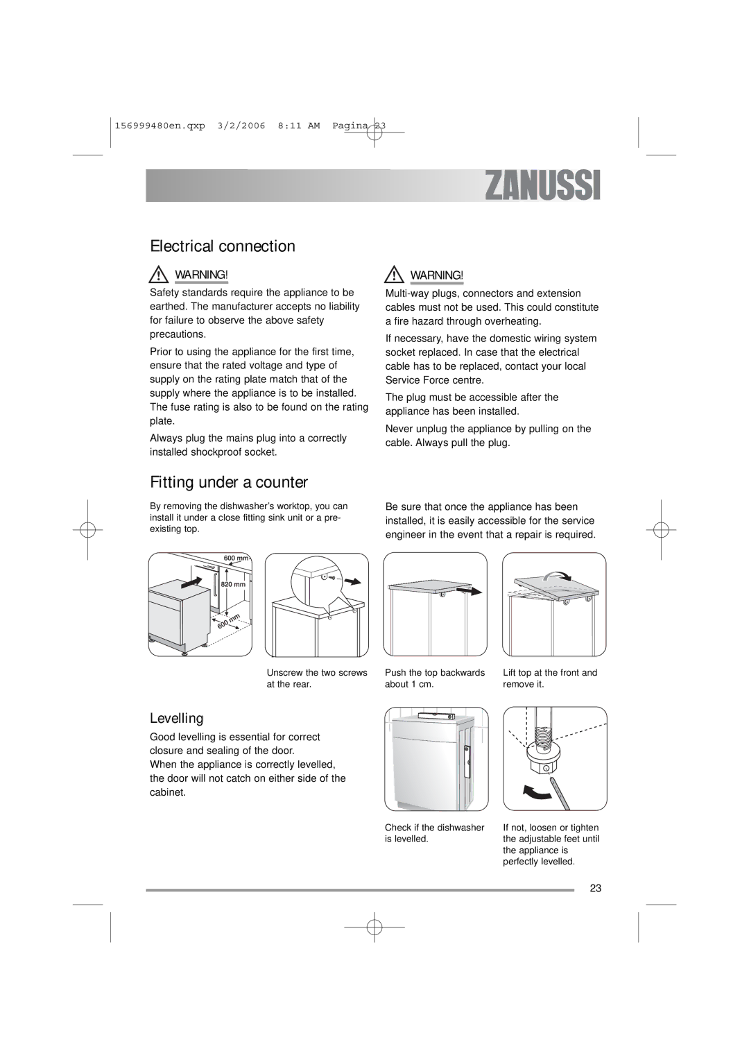 Zanussi ZDF311 user manual Electrical connection, Fitting under a counter, Levelling 