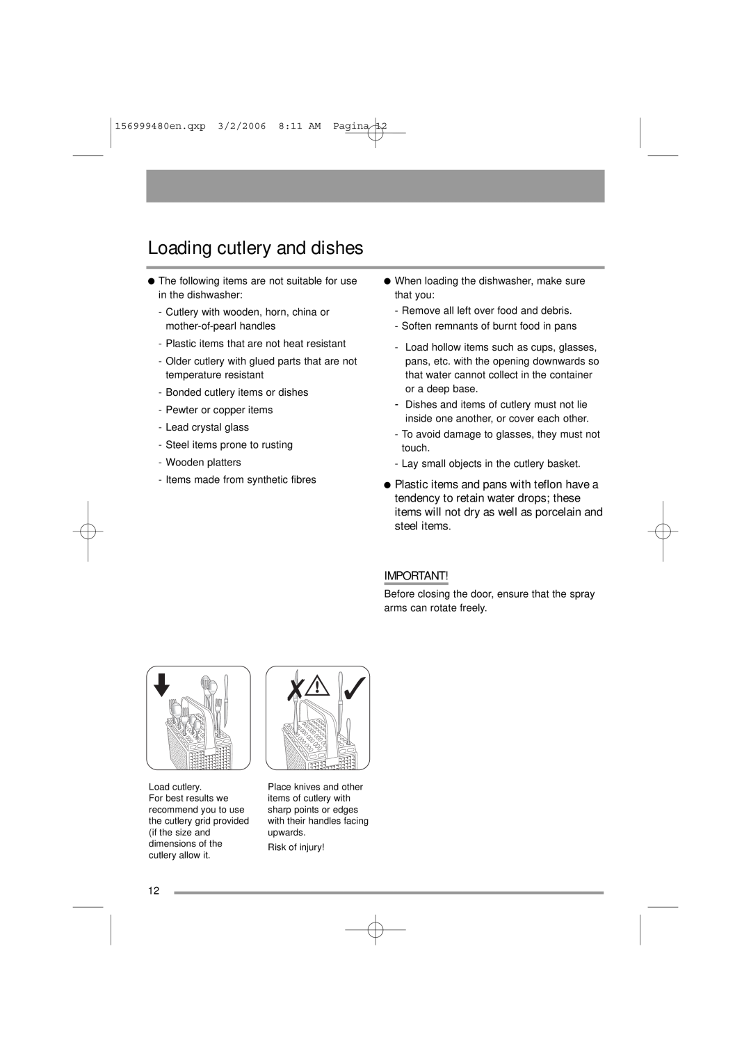 Zanussi ZDF311 user manual Loading cutlery and dishes 