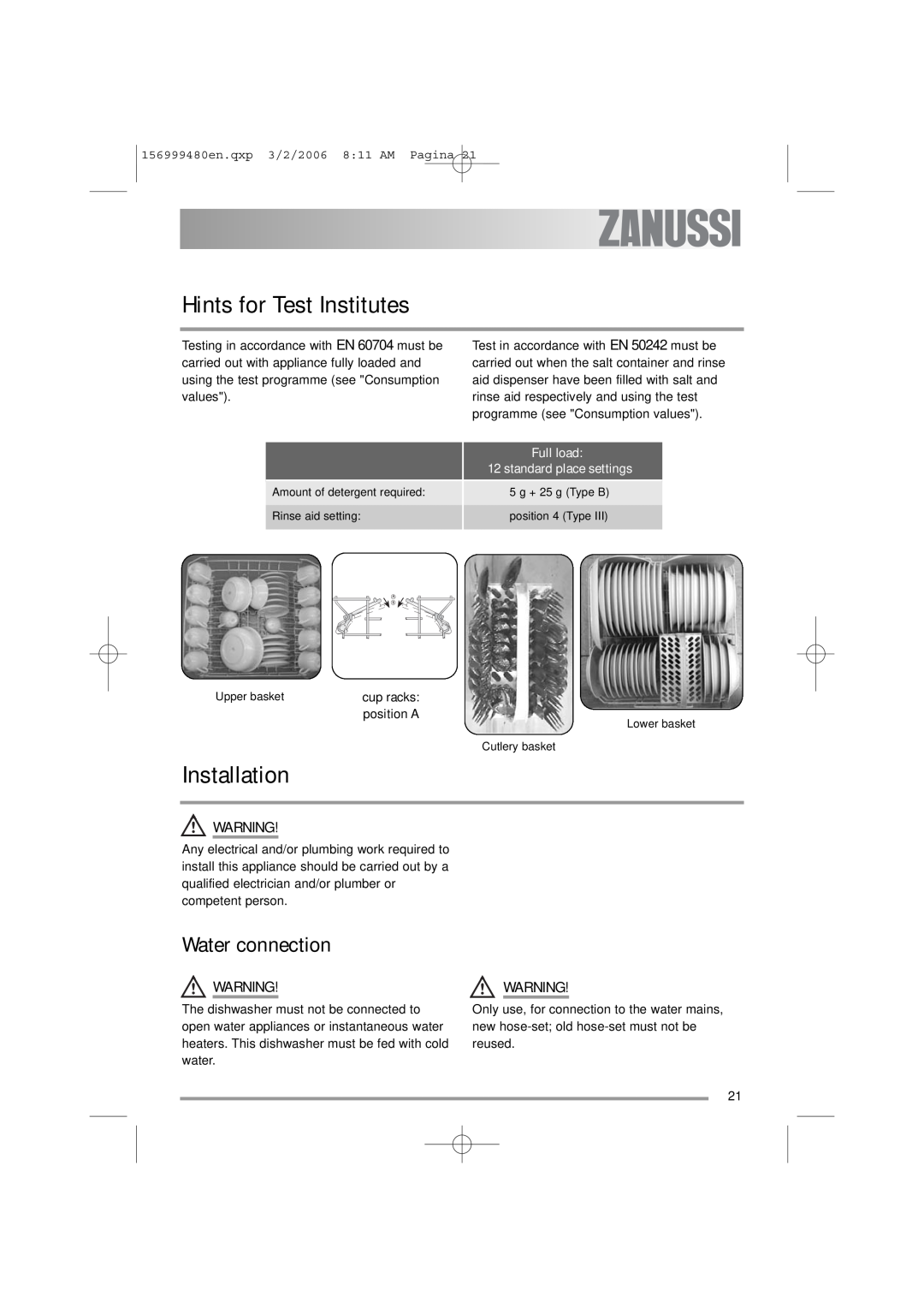 Zanussi ZDF311 user manual Hints for Test Institutes, Installation, Water connection 
