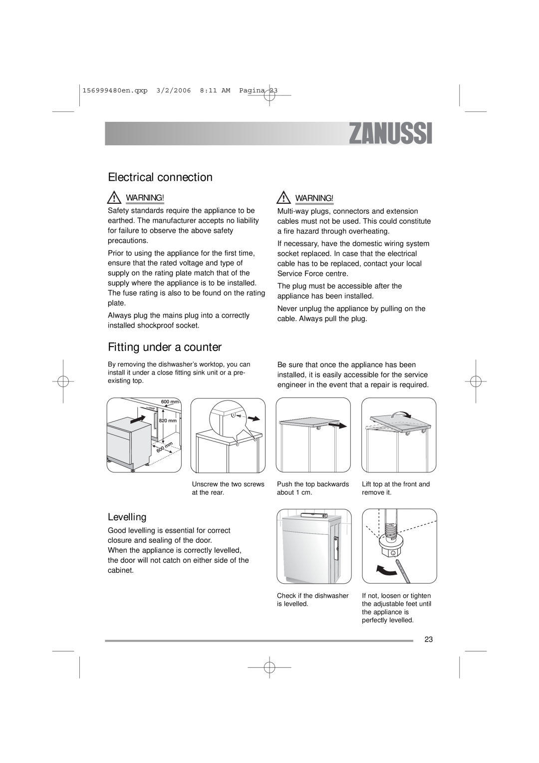 Zanussi ZDF311 user manual Electrical connection, Fitting under a counter, Levelling 