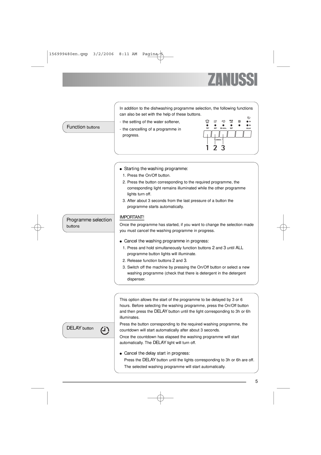 Zanussi ZDF311 user manual Function buttons, DELAY button, Programme selection, Starting the washing programme 