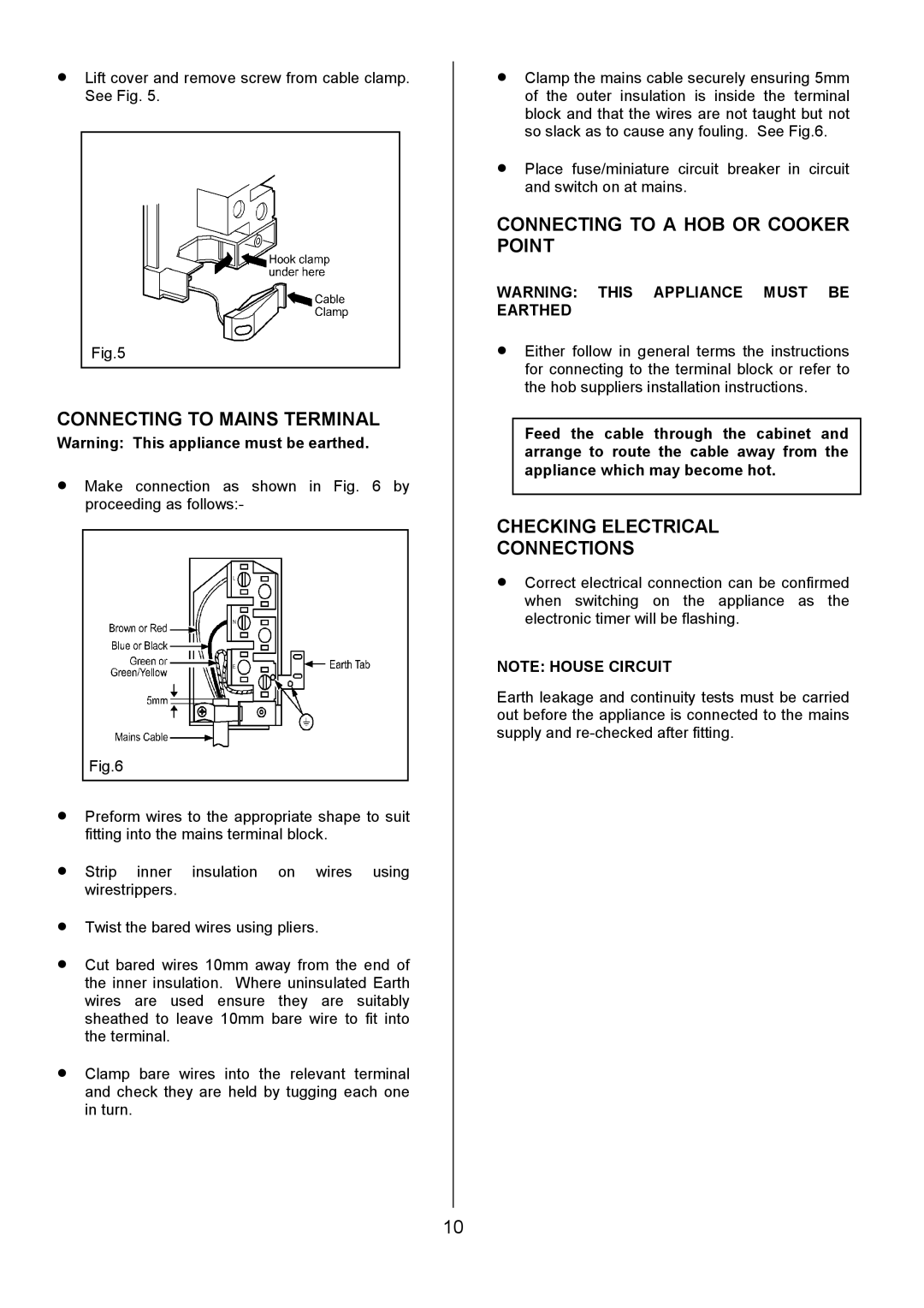 Zanussi ZDF490 manual Connecting to Mains Terminal, Connecting to a HOB or Cooker Point, Checking Electrical Connections 