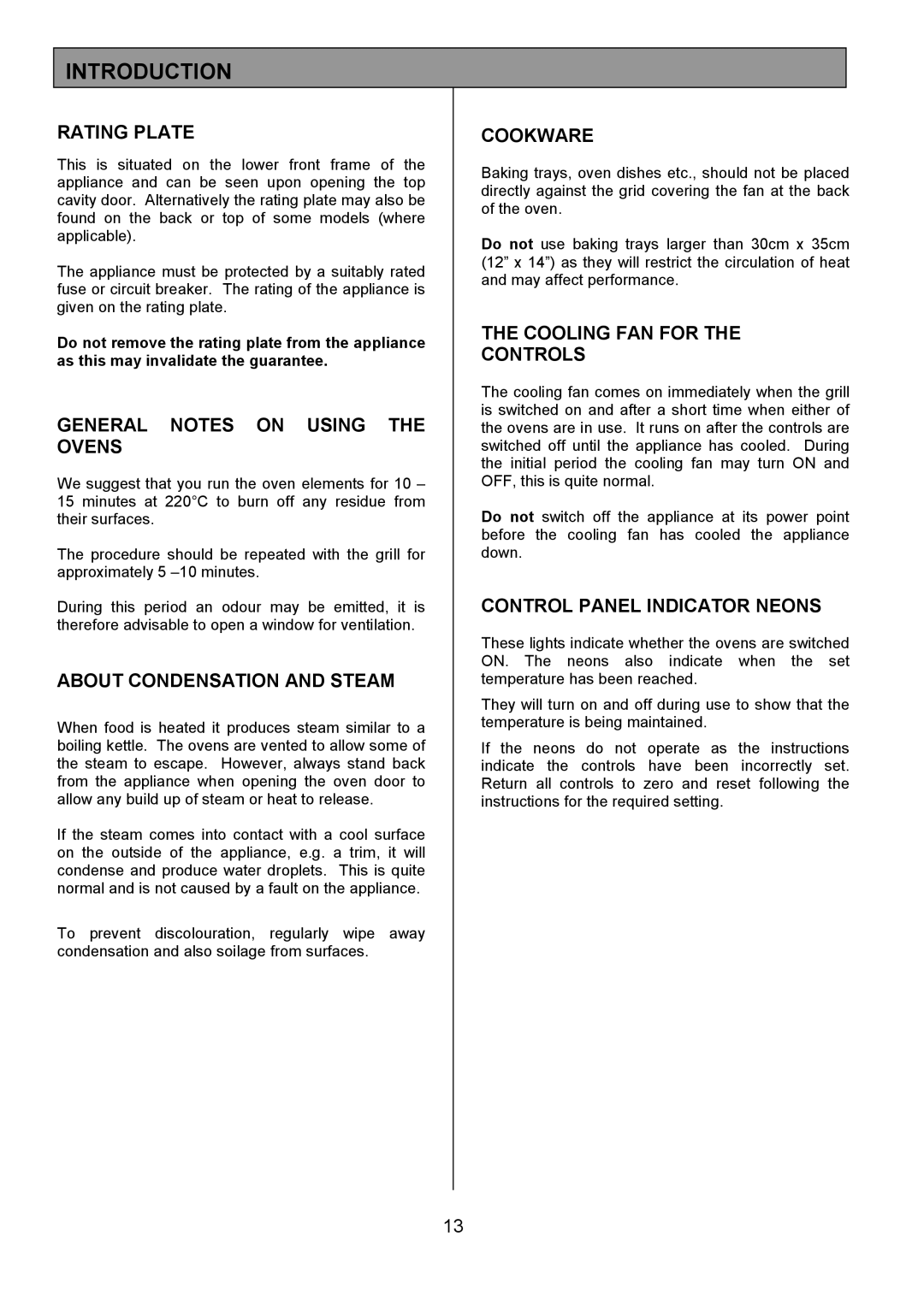 Zanussi ZDF490 manual Rating Plate, General Notes on Using the Ovens, About Condensation and Steam, Cookware 