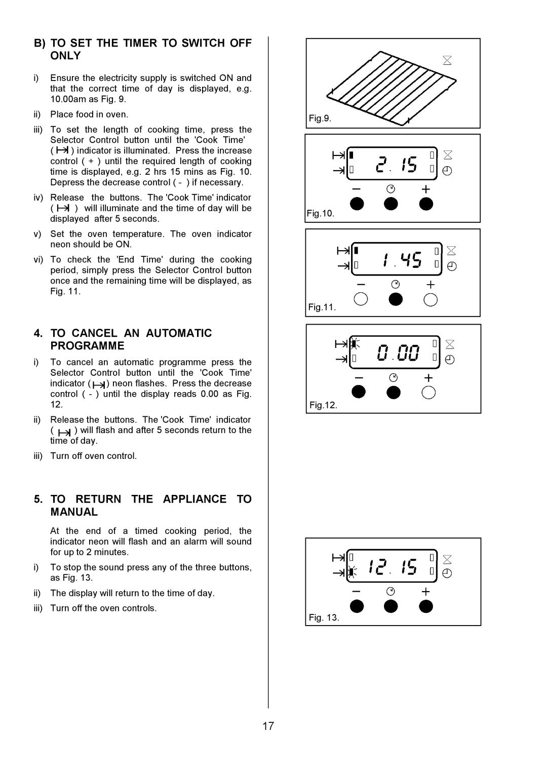 Zanussi ZDF490 To SET the Timer to Switch OFF only, To Cancel AN Automatic Programme, To Return the Appliance to Manual 