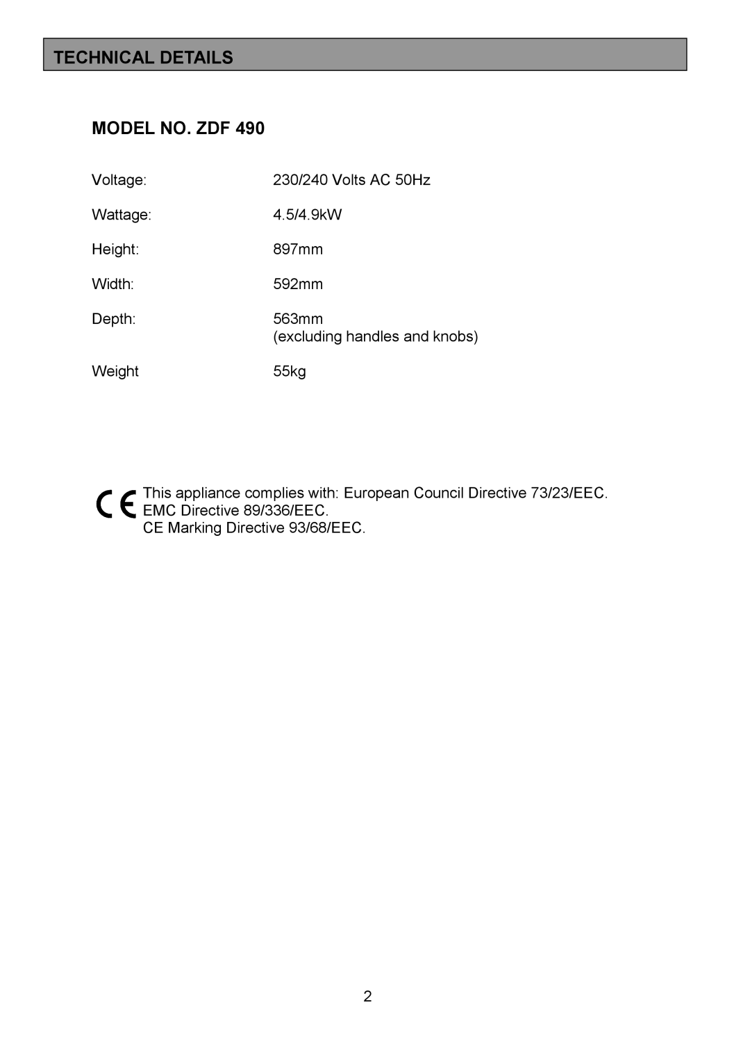 Zanussi ZDF490 manual Technical Details Model NO. ZDF 