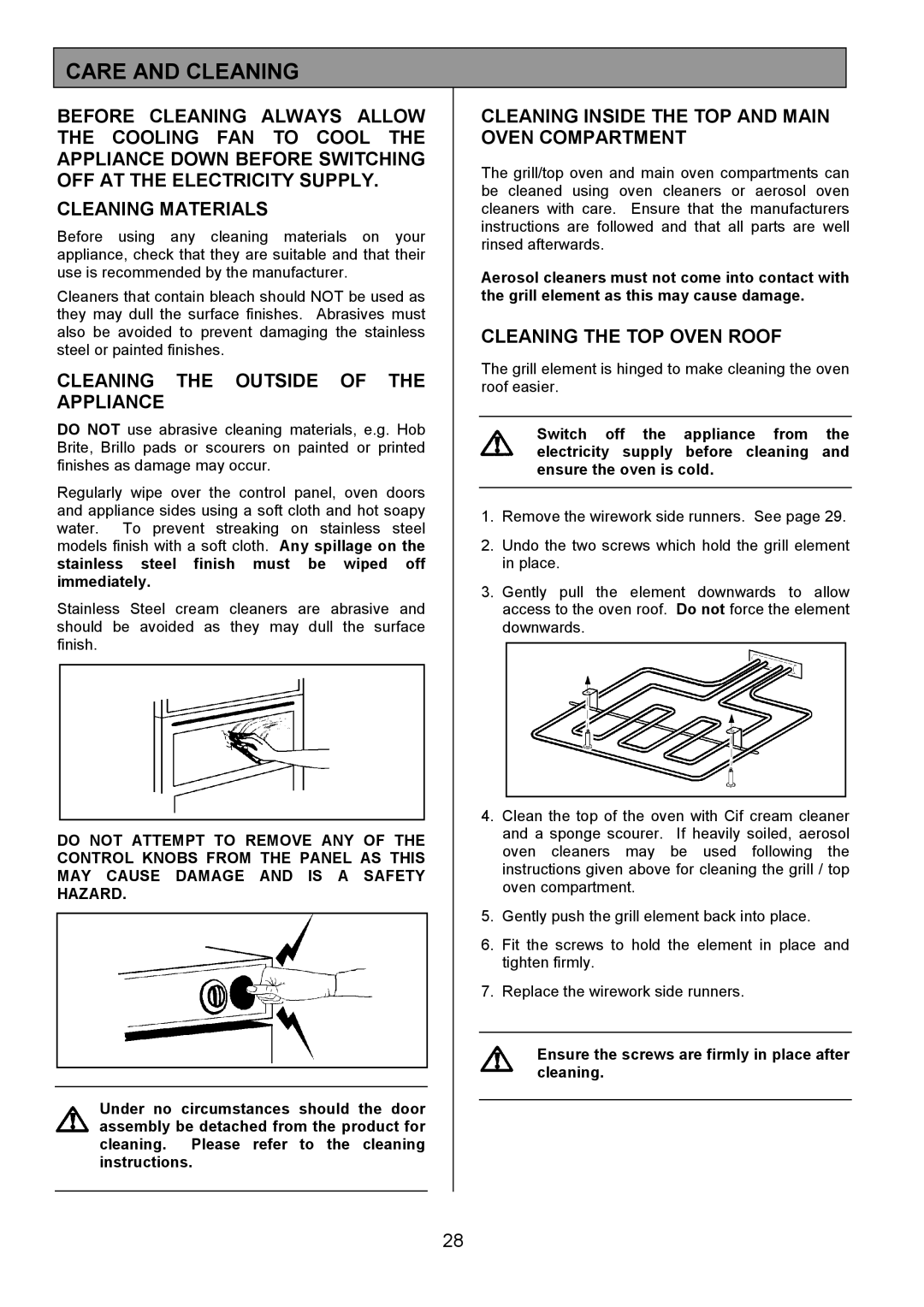 Zanussi ZDF490 Care and Cleaning, Cleaning the Outside of the Appliance, Cleaning Inside the TOP and Main Oven Compartment 