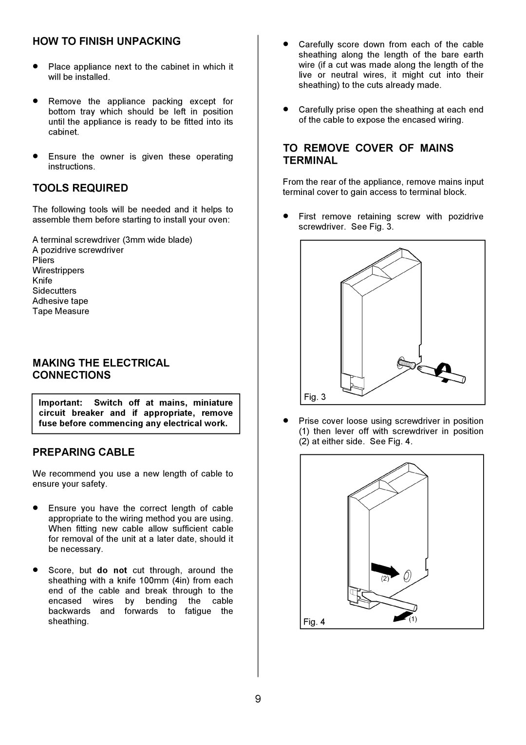 Zanussi ZDF490 manual HOW to Finish Unpacking, Tools Required, Making the Electrical Connections, Preparing Cable 