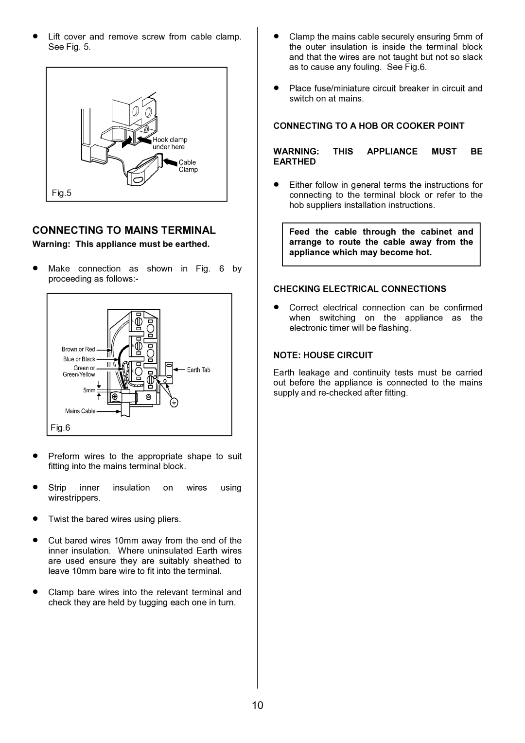 Zanussi ZDF867 manual Connecting to Mains Terminal, Connecting to a HOB or Cooker Point, Checking Electrical Connections 