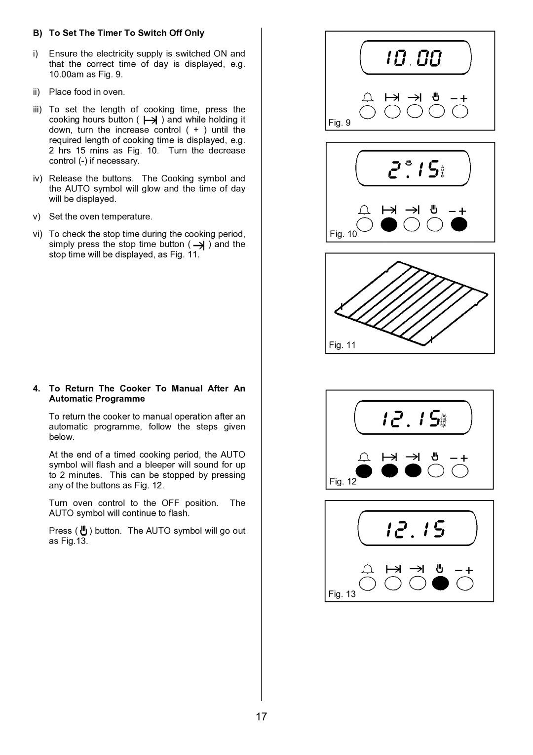 Zanussi ZDF867 manual To Set The Timer To Switch Off Only, To Return The Cooker To Manual After An Automatic Programme 