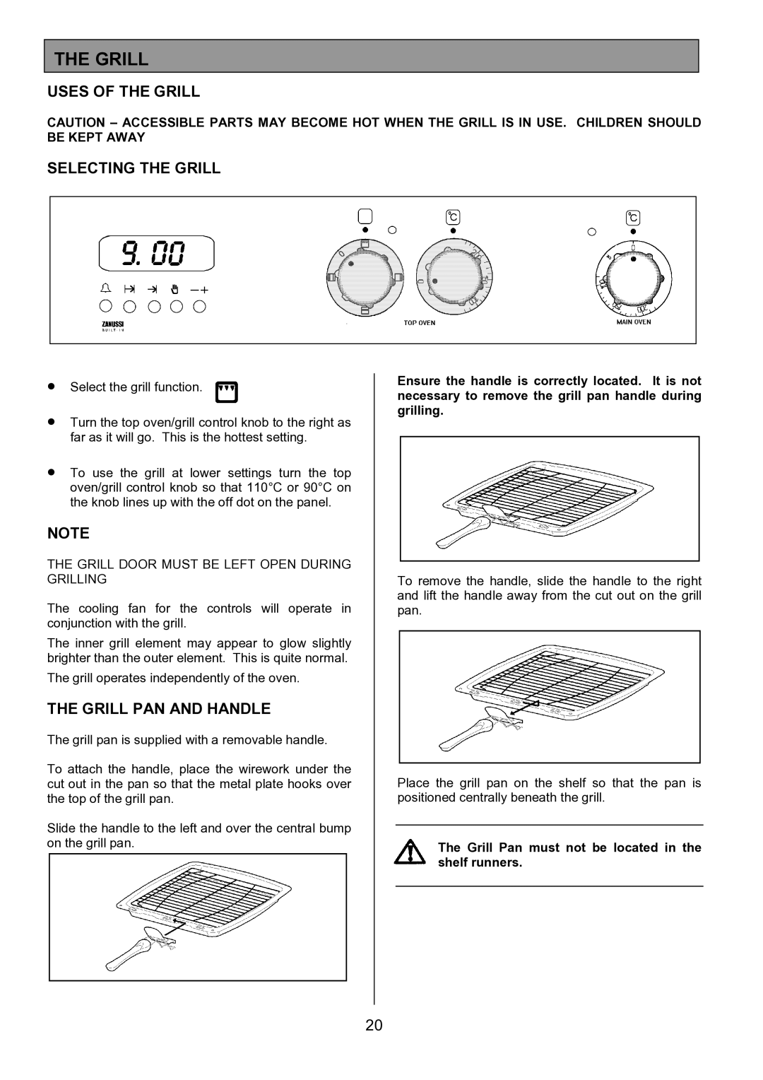 Zanussi ZDF867 manual Uses of the Grill Selecting the Grill, Grill PAN and Handle 