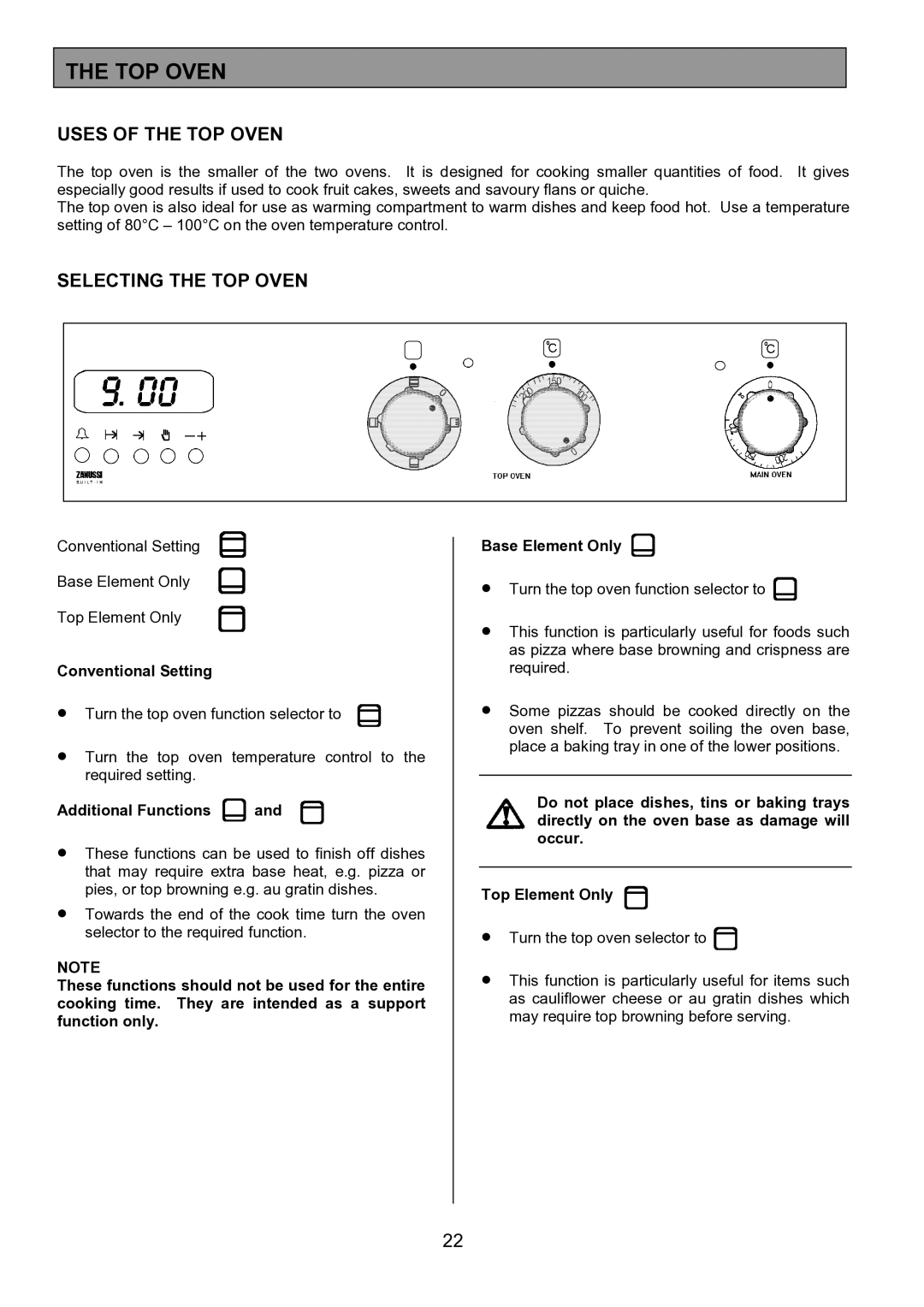 Zanussi ZDF867 manual Uses of the TOP Oven, Selecting the TOP Oven, Conventional Setting, Additional Functions 