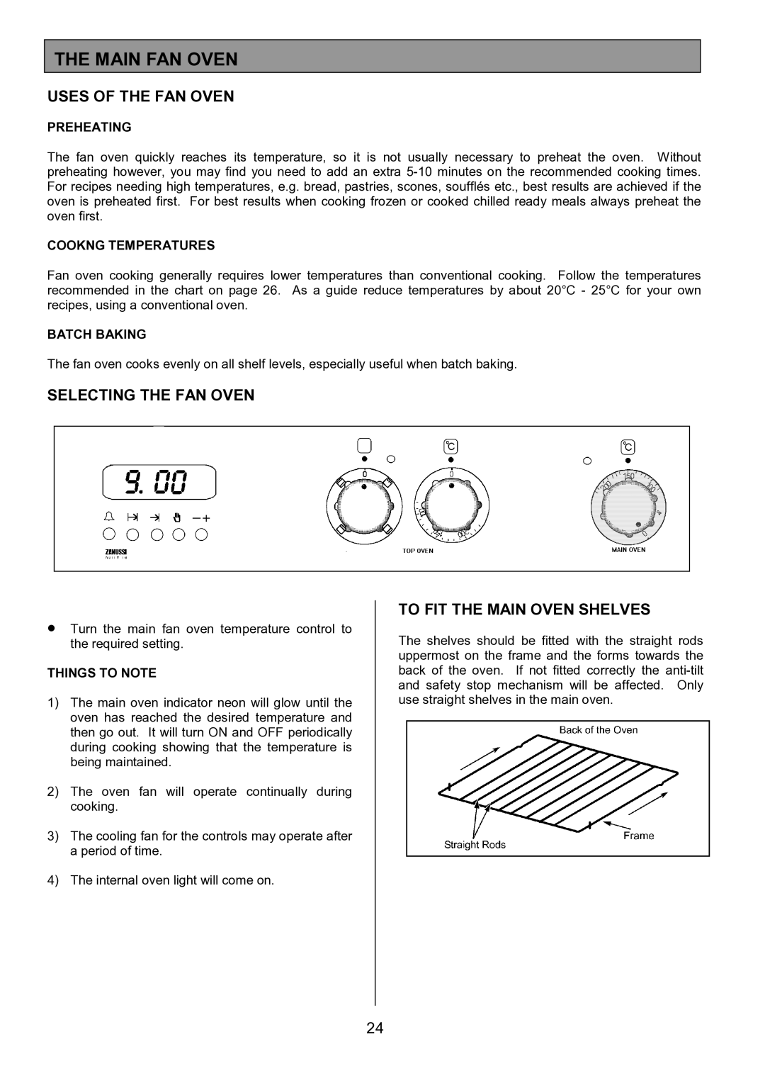 Zanussi ZDF867 manual Main FAN Oven, Uses of the FAN Oven, Selecting the FAN Oven, To FIT the Main Oven Shelves 