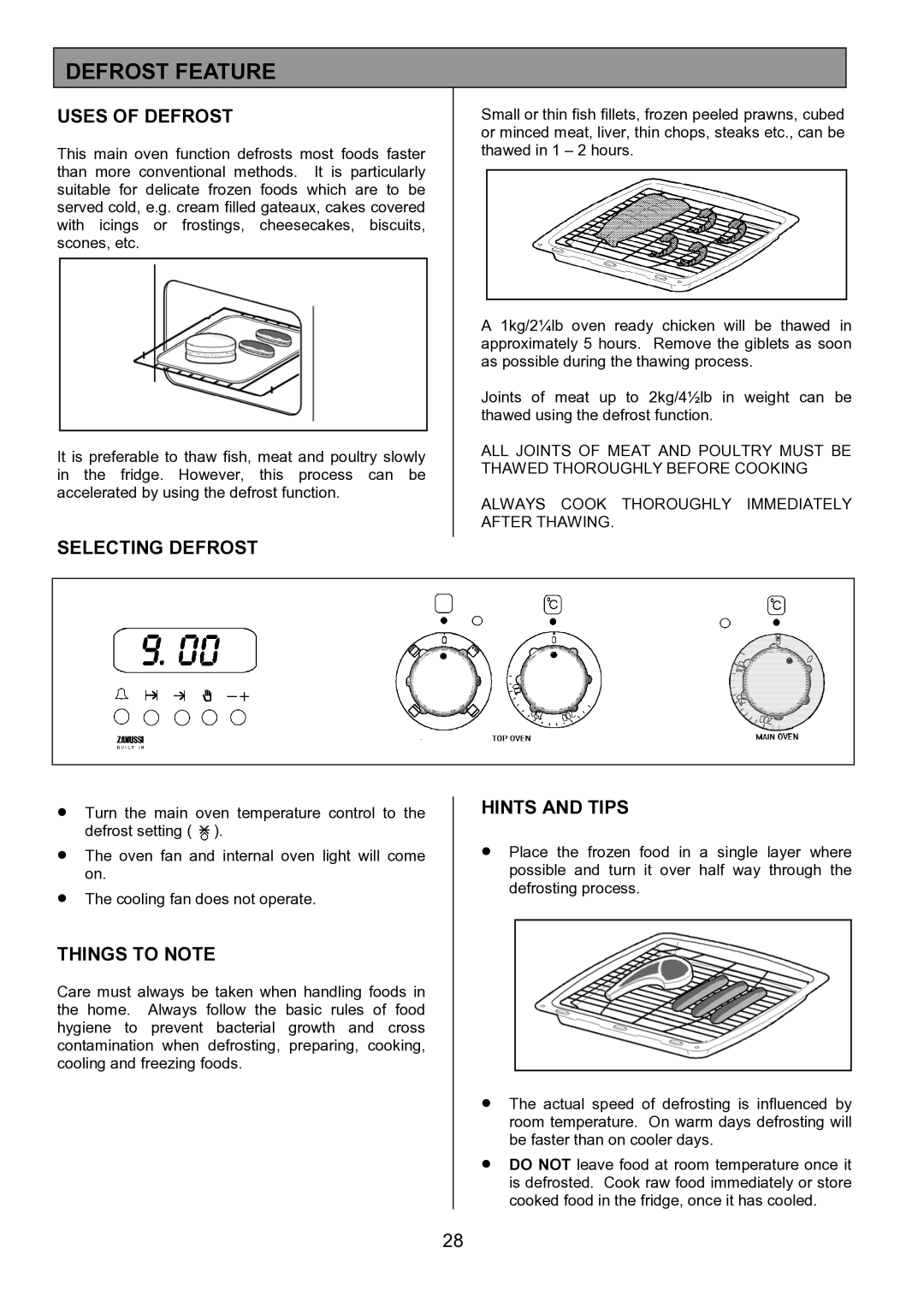 Zanussi ZDF867 manual Defrost Feature, Uses of Defrost, Selecting Defrost 