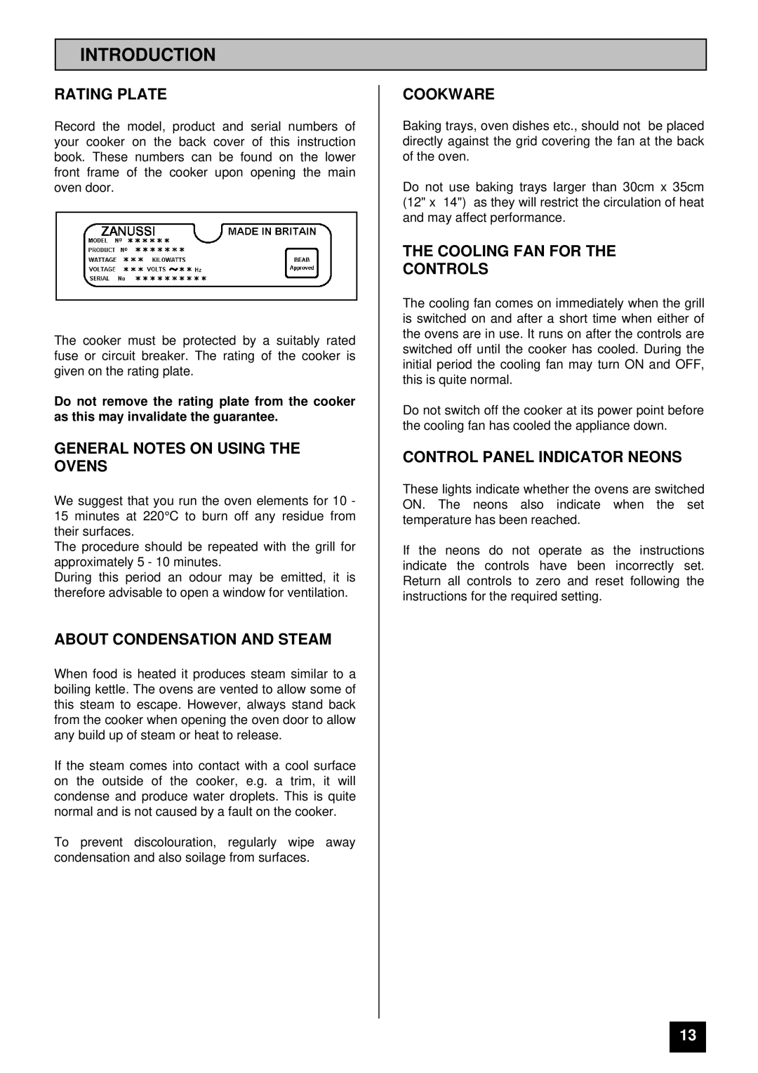 Zanussi ZDF867X manual Rating Plate, General Notes on Using the Ovens, About Condensation and Steam, Cookware 