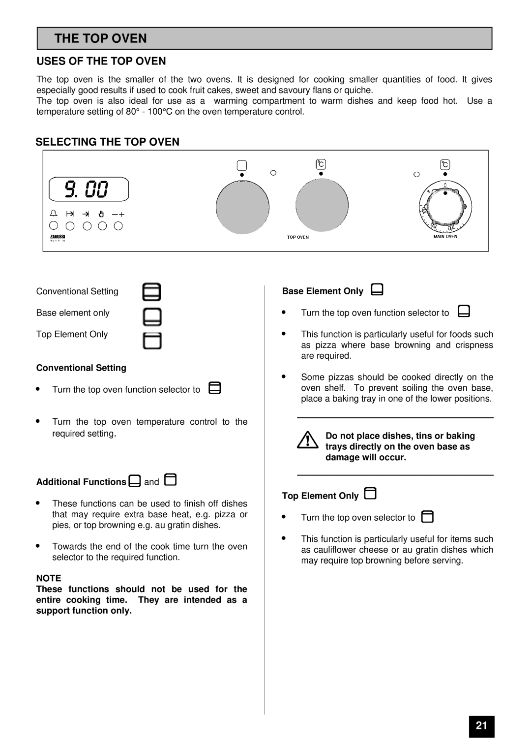 Zanussi ZDF867X manual Uses of the TOP Oven, Selecting the TOP Oven, Conventional Setting, Additional Functions 