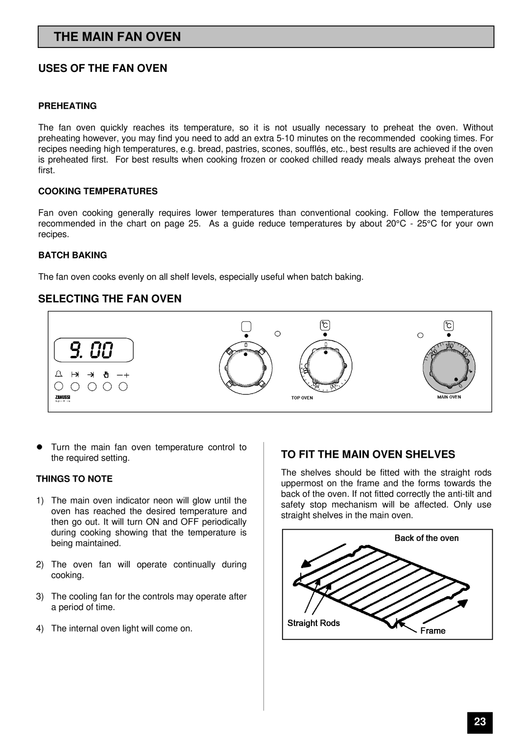 Zanussi ZDF867X manual Main FAN Oven, Uses of the FAN Oven, Selecting the FAN Oven, To FIT the Main Oven Shelves 