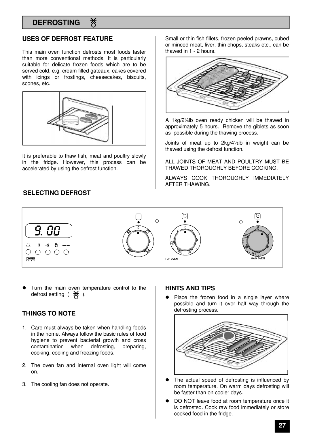 Zanussi ZDF867X manual Defrosting, Uses of Defrost Feature, Selecting Defrost 