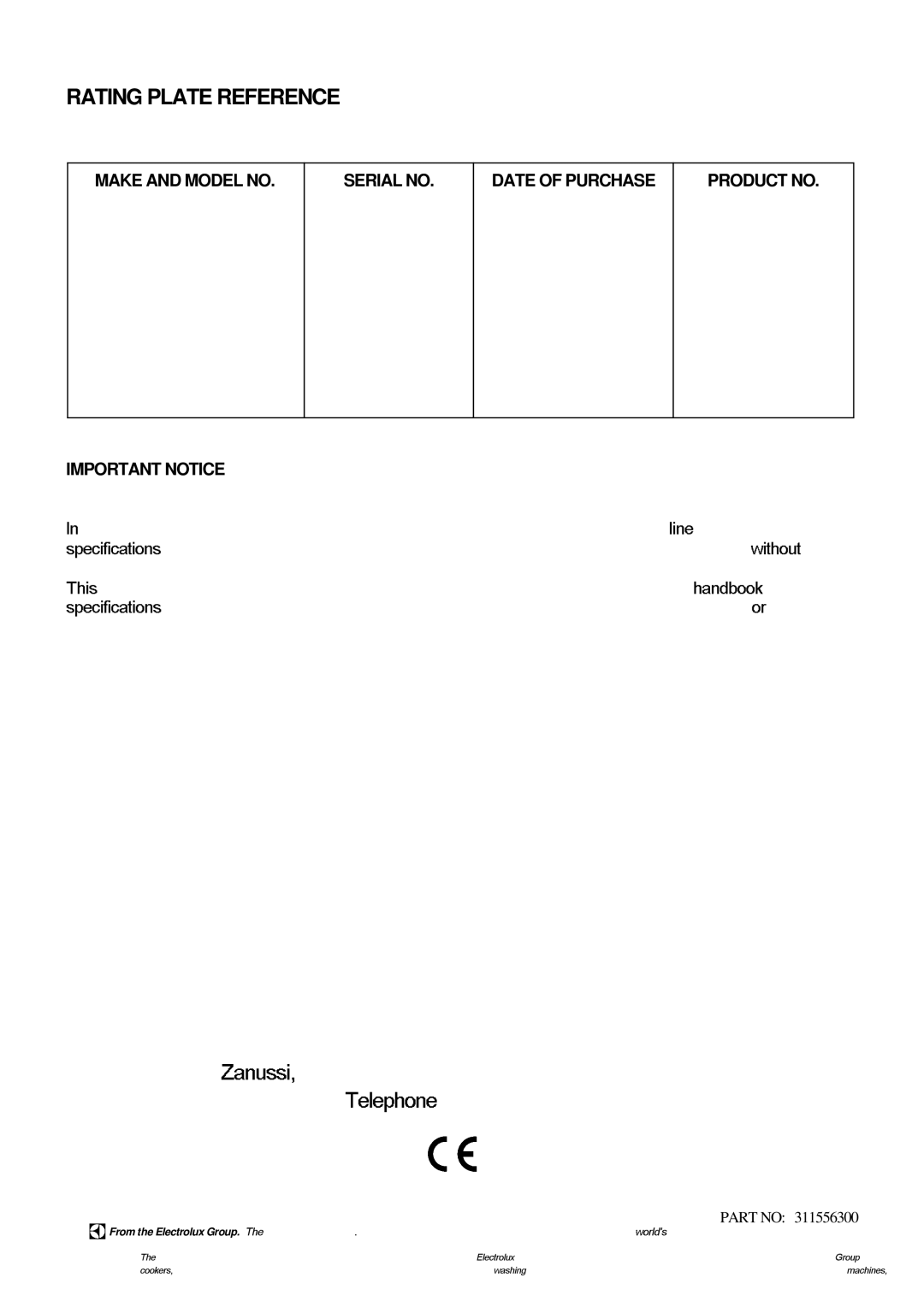 Zanussi ZDF867X manual Rating Plate Reference, Electrolux Household Appliances Limited 