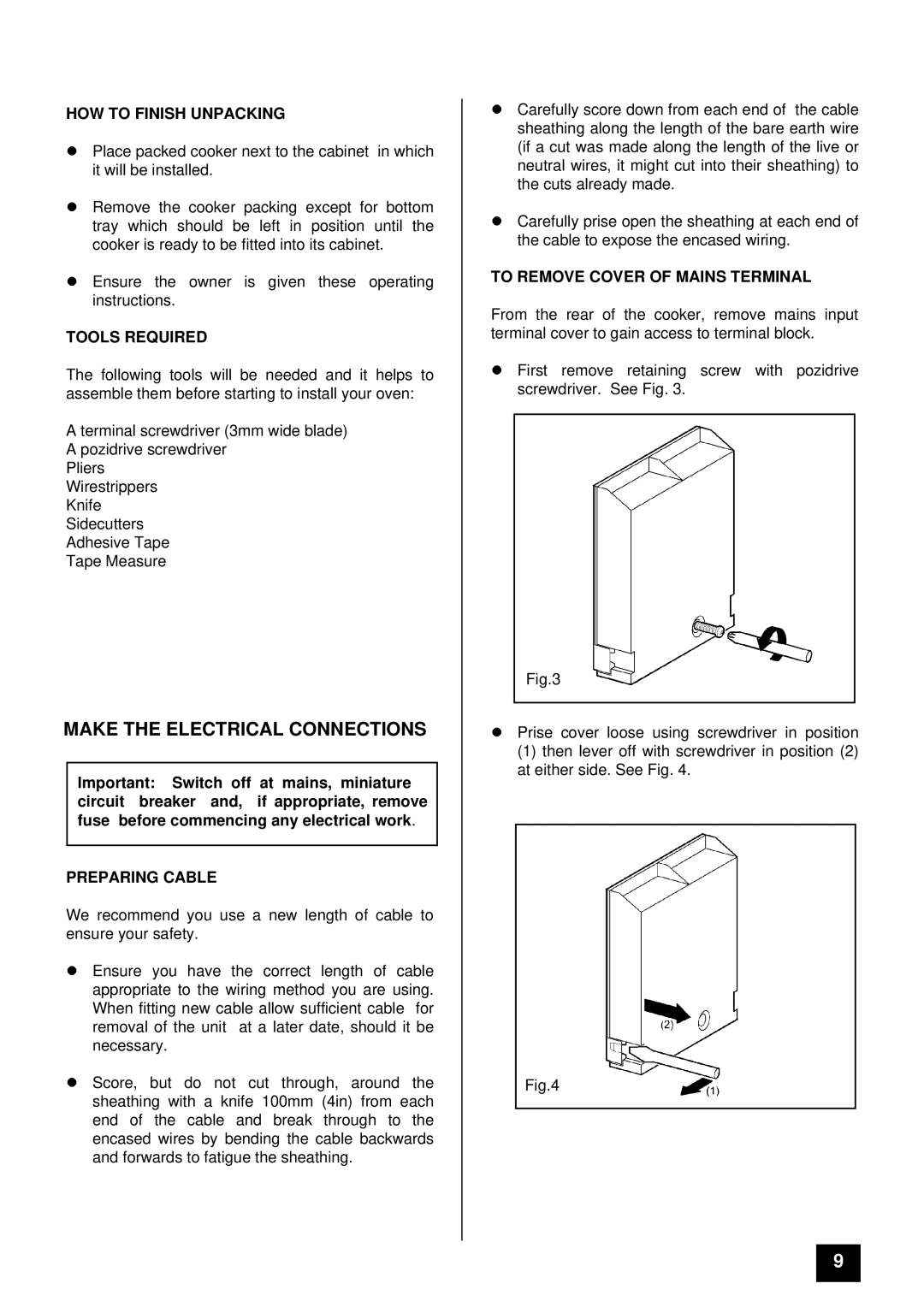 Zanussi ZDF867X manual Make the Electrical Connections, HOW to Finish Unpacking, Tools Required, Preparing Cable 