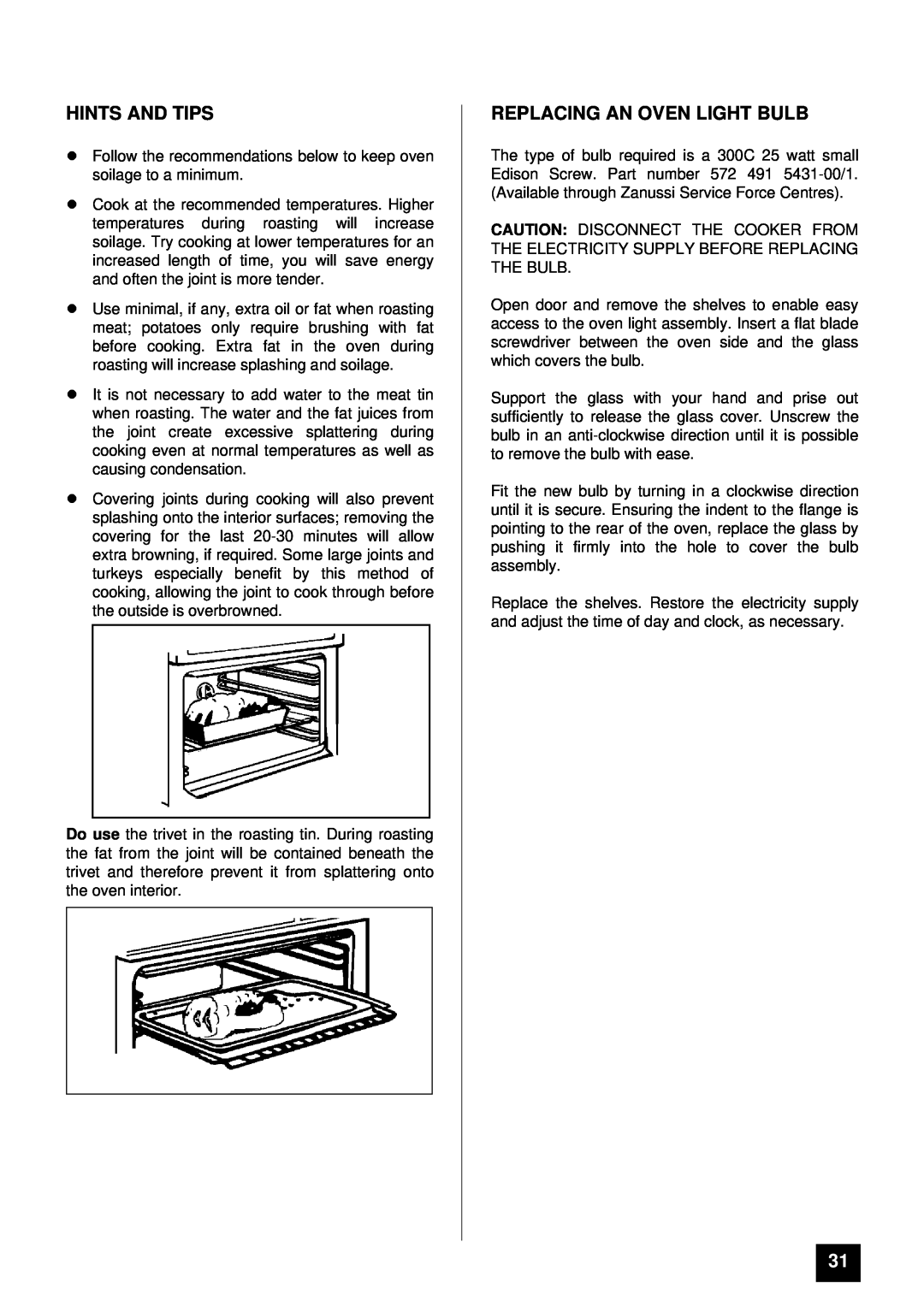 Zanussi ZDF867X manual Replacing An Oven Light Bulb, Hints And Tips 
