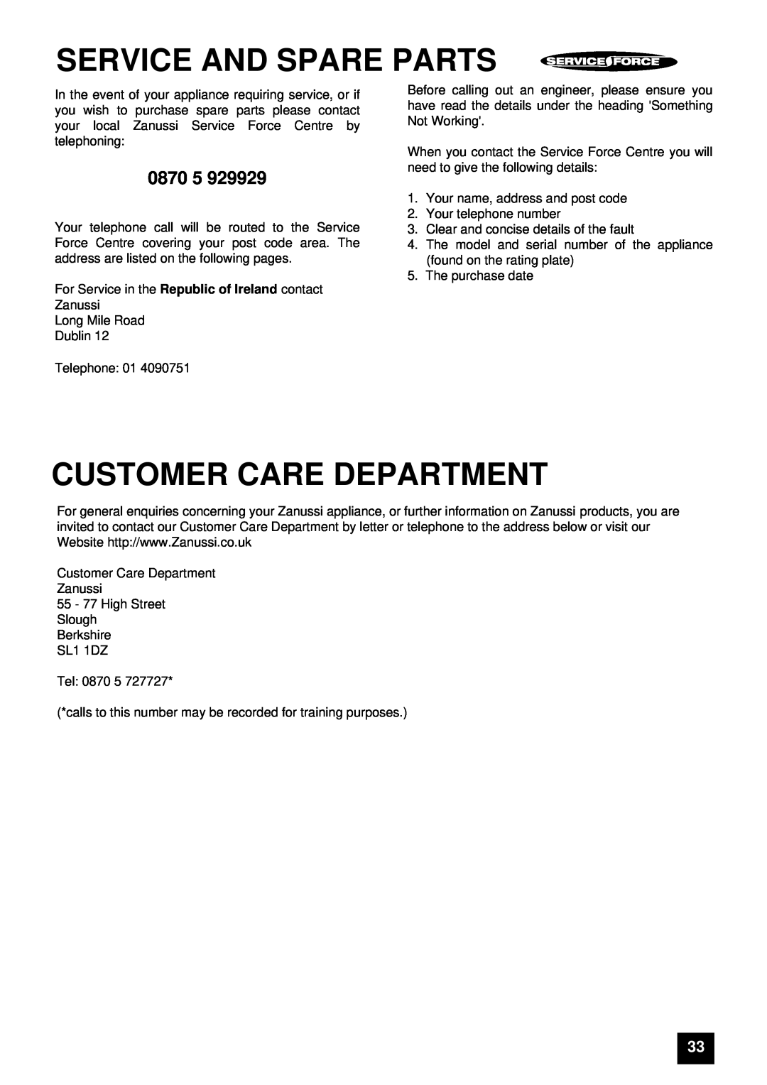 Zanussi ZDF867X manual 0870, Service And Spare Parts, Customer Care Department 