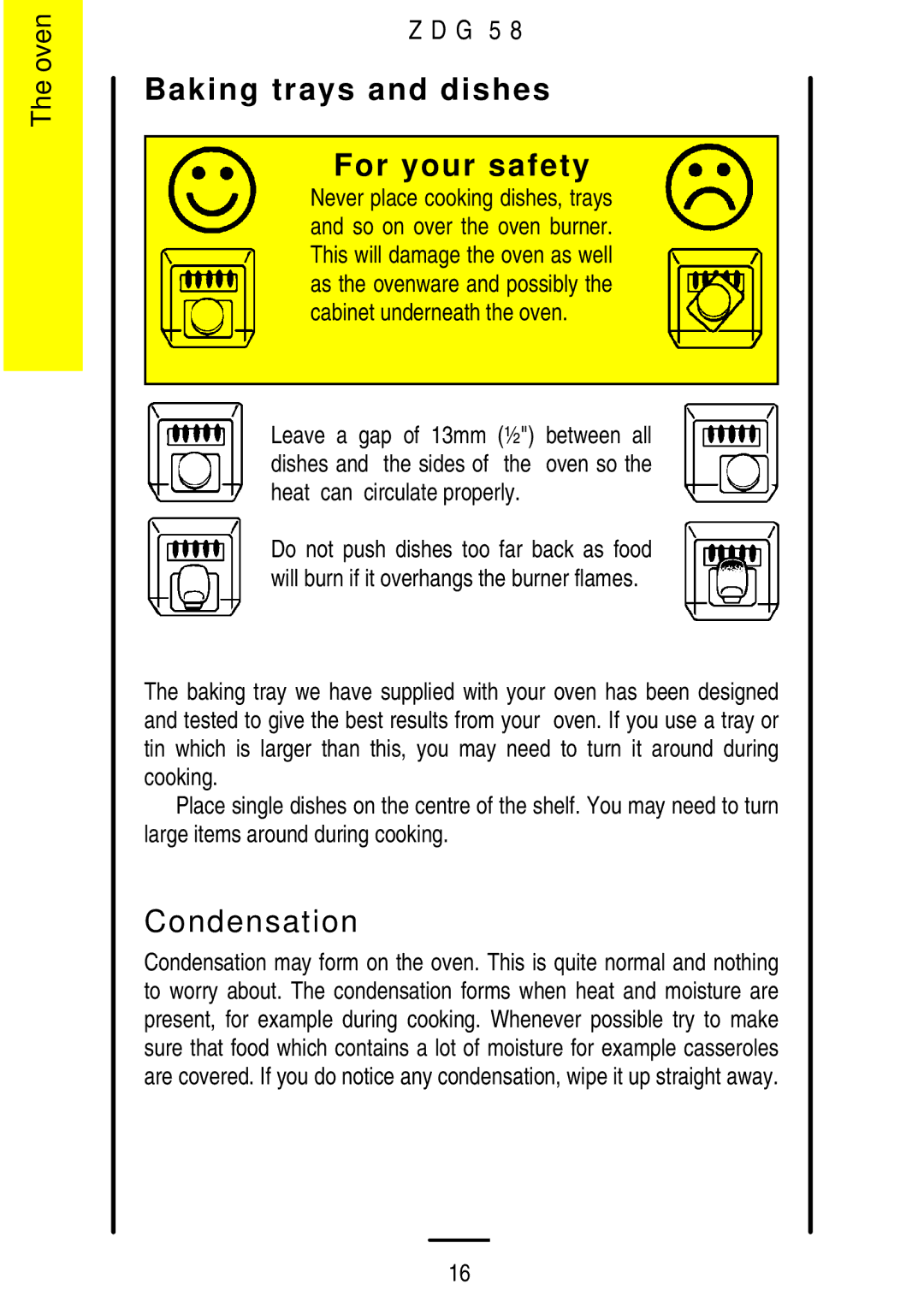 Zanussi ZDG 58 manual Baking trays and dishes For your safety, Condensation 