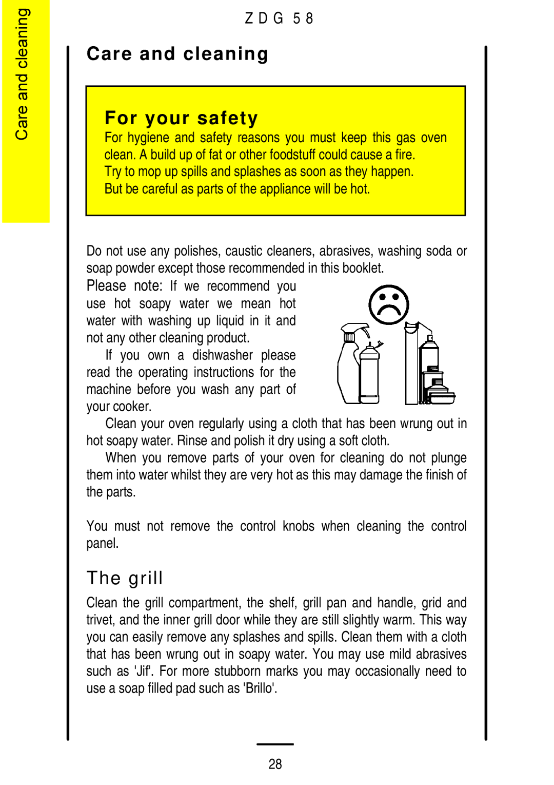 Zanussi ZDG 58 manual Care and cleaning For your safety, Grill 