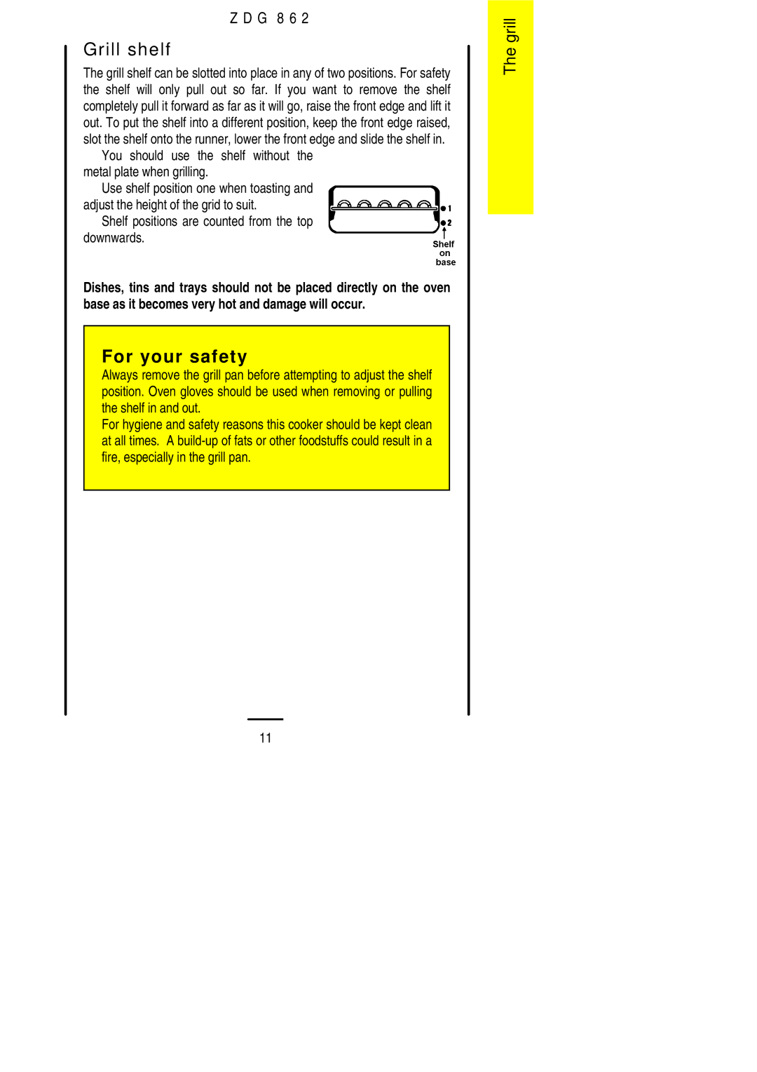 Zanussi ZDG 862 manual Grill shelf, Shelf positions are counted from the top downwards 