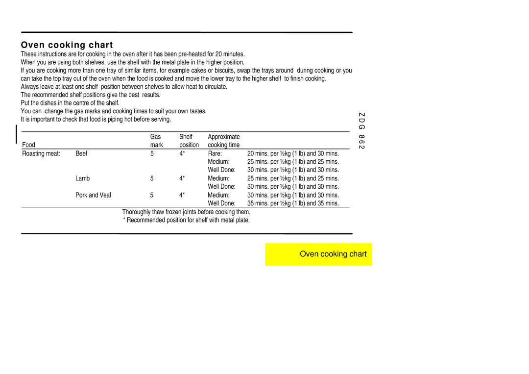 Zanussi ZDG 862 manual Oven cooking chart 