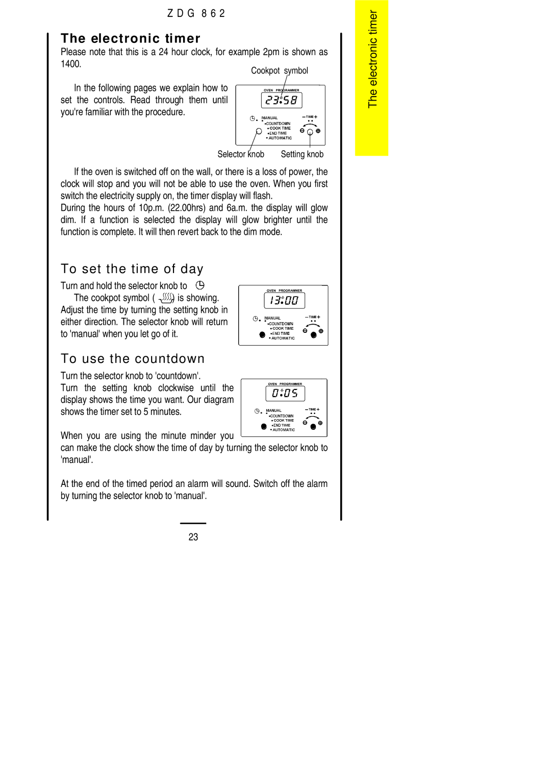 Zanussi ZDG 862 manual Electronic timer, To set the time of day, To use the countdown 